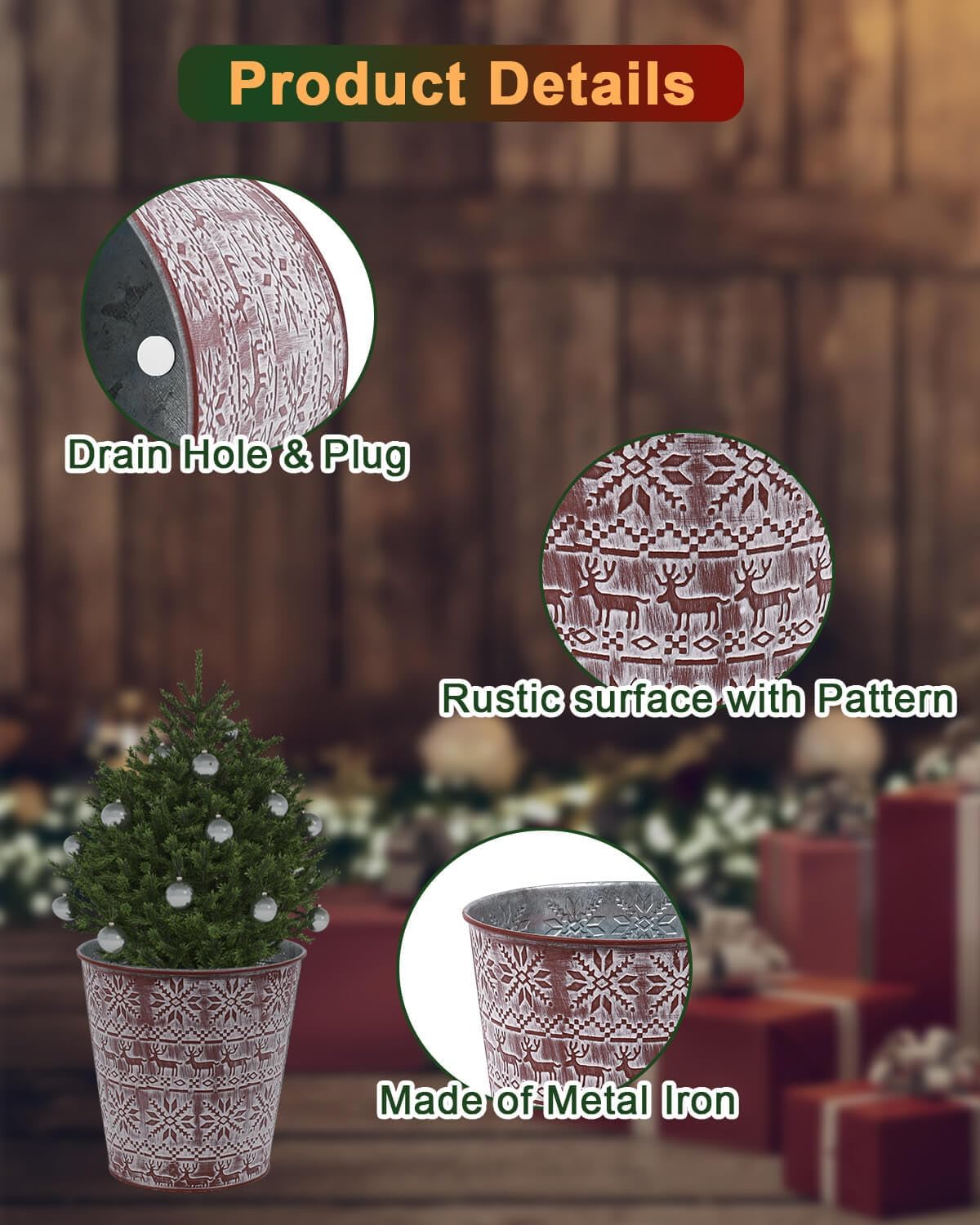 Cubos de metal galvanizado rojo de Navidad, 6 macetas rústicas de hojalata con orificio de drenaje y enchufe, regalo de Navidad, maceta vintage para