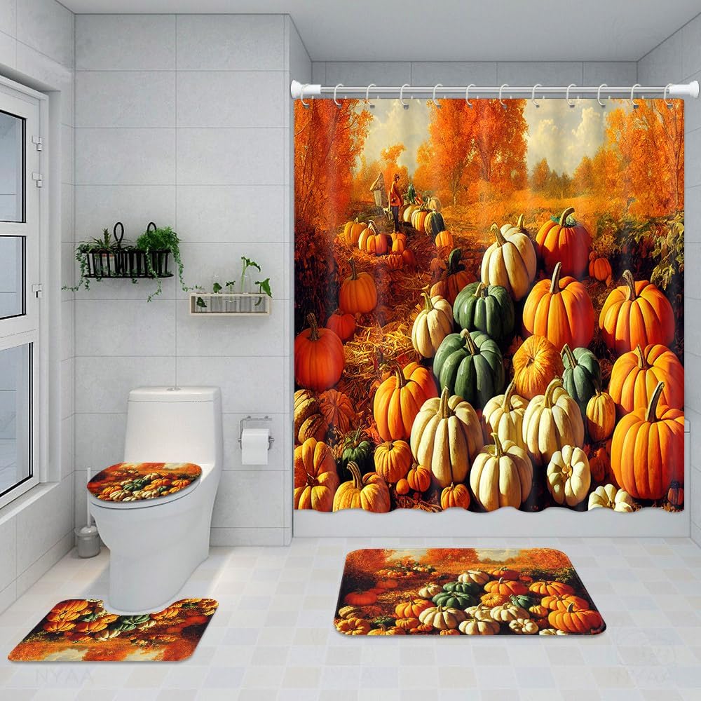 ArtSocket Juego de cortina de ducha de otoño Batheoom con alfombras, juego de baño naranja con alfombra antideslizante, cubierta de tapa de inodoro,