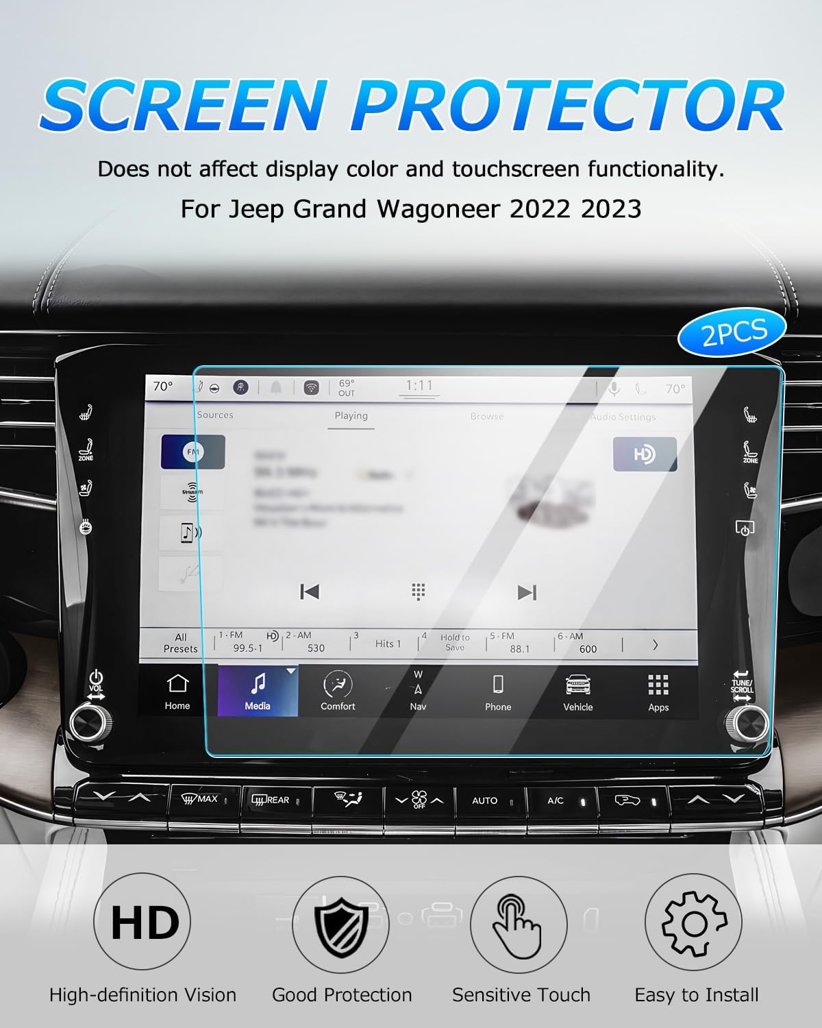 Autorder Ajuste personalizado para 2 protectores de pantalla para Jeep Grand Wagoneer 2022 2023, accesorios de vidrio templado de 12 pulgadas,
