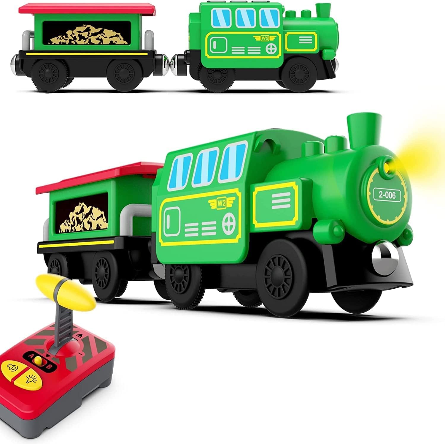 Tren motorizado para pista de madera, tren de locomotora a batería, tren de control remoto para juego de orugas, potentes vehículos de tren de motor