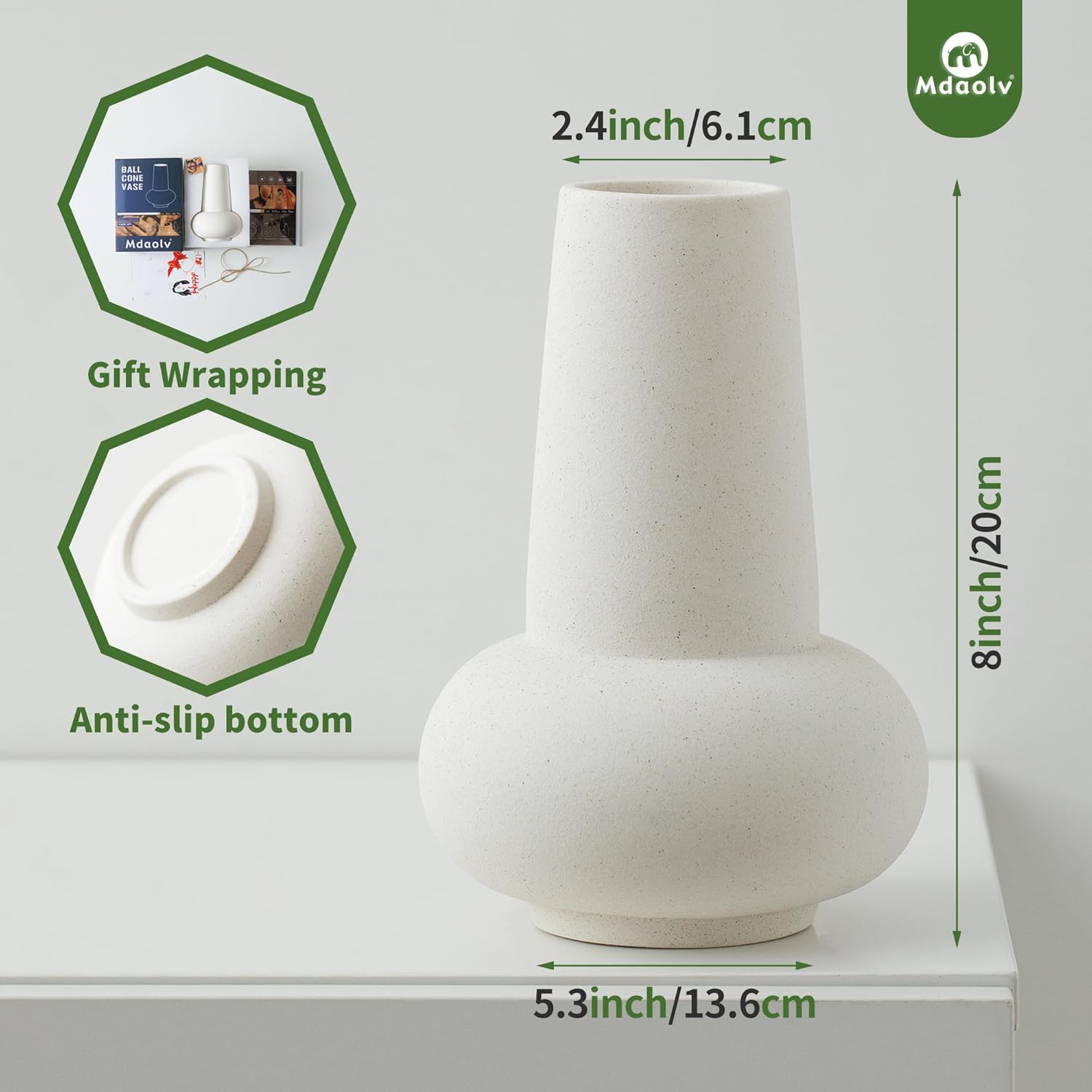 Mdaolv Jarrón de cerámica para plantas, jarrón de hierba de las pampas, jarrón blanco mate de 8 pulgadas de alto, florero bohemio para decoración