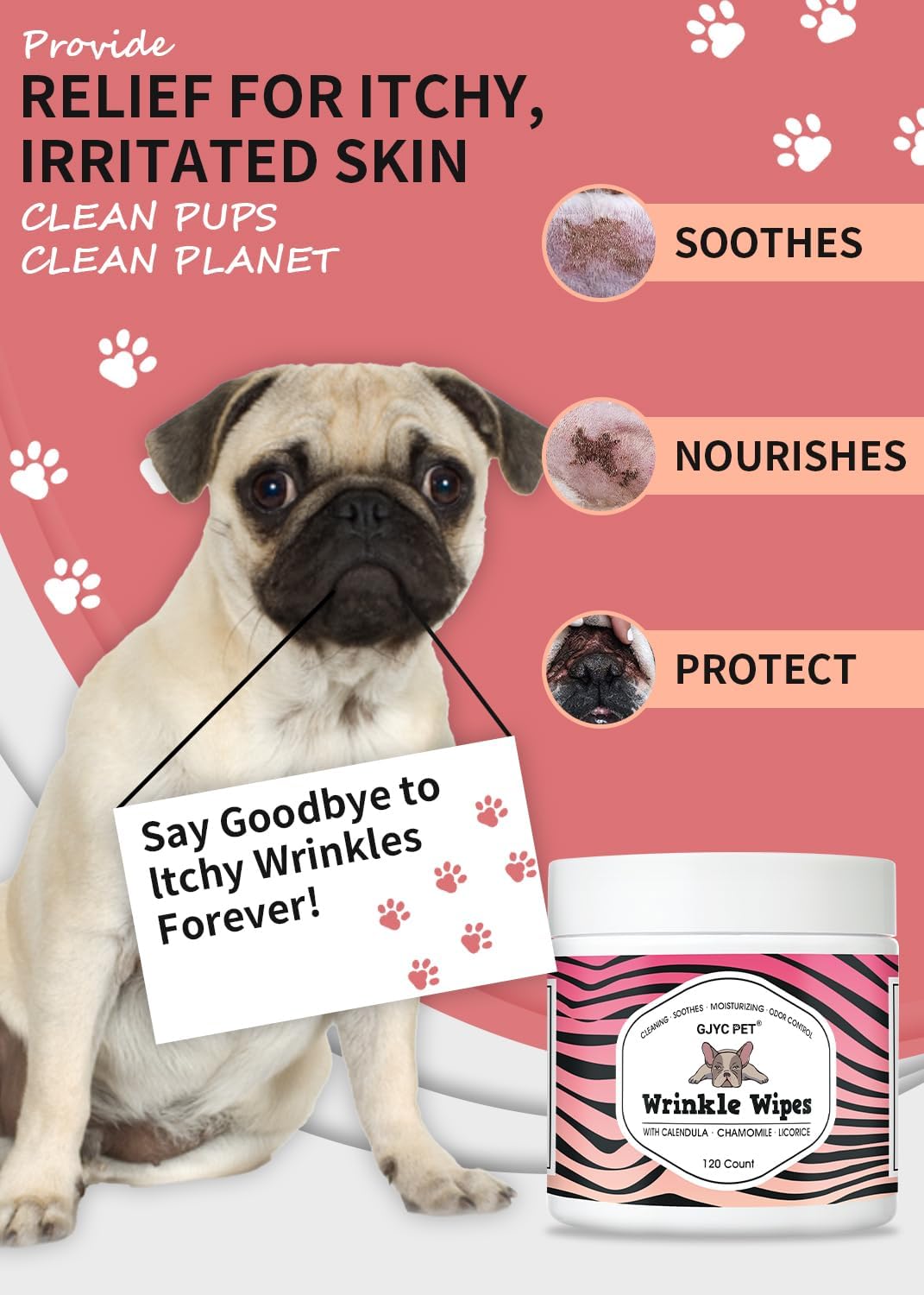 Toallitas antiarrugas naturales para perros, 120 unidades, toallitas hipoalergénicas para perros, toallitas antiarrugas, Bulldog francés, limpieza y