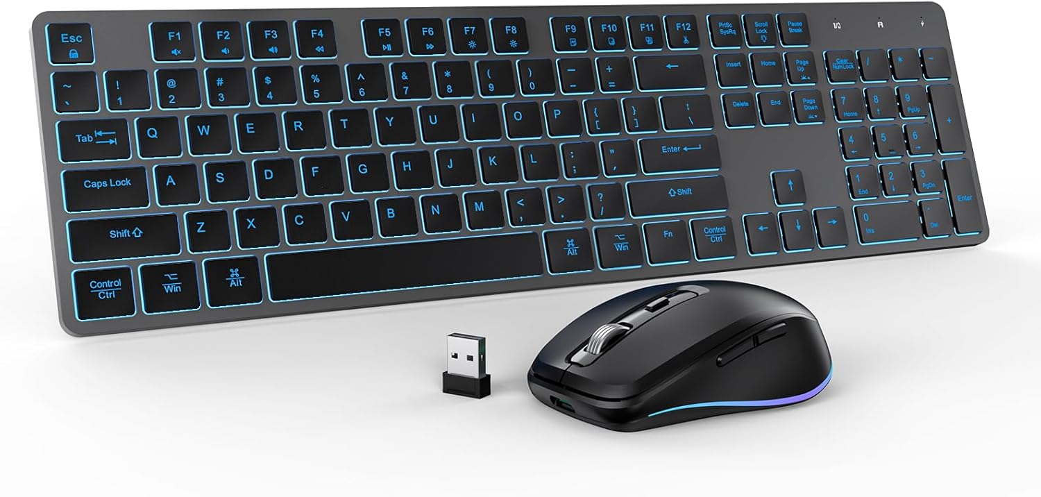 Teclado y mouse inalámbricos, combo de teclado inalámbrico recargable, Jiggle Mouse delgado, tamaño completo, silencioso, 7 colores, retroiluminado,