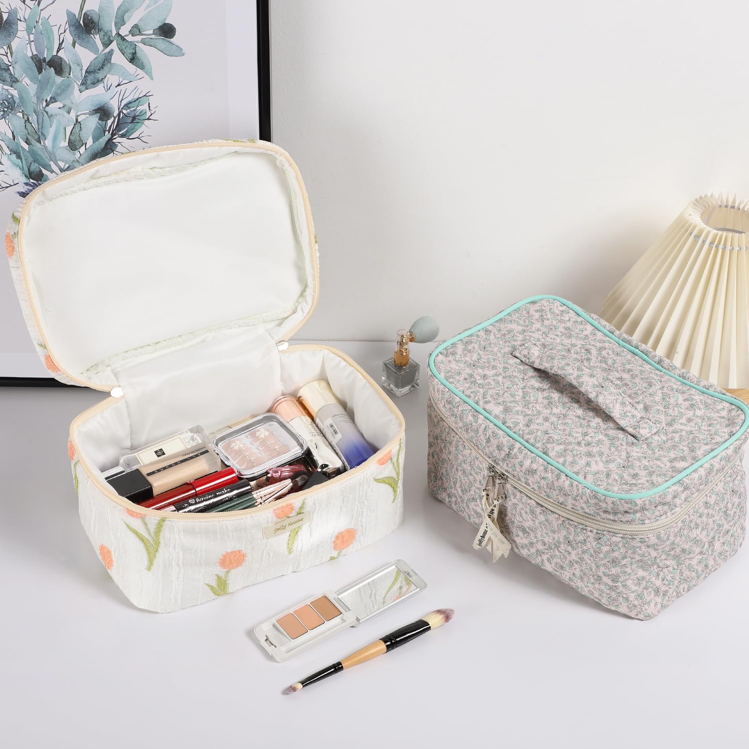 Sightor Bolsa de maquillaje de algodón, bolsa acolchada para cosméticos con asa, bolsa de aseo de viaje de gran capacidad para mujer, bonita bolsa