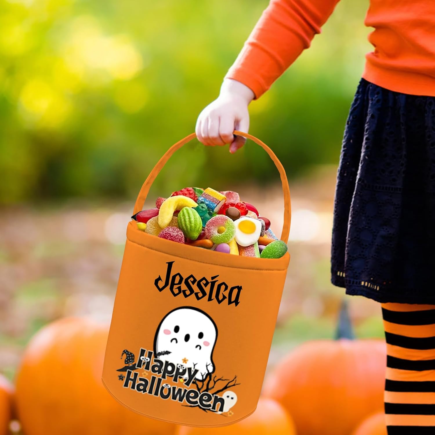 FwSYouMAI Cubo de Halloween personalizado con nombre, 12 patrones impresos, cestas de truco o trato para niños, cesta de fiesta de dulces