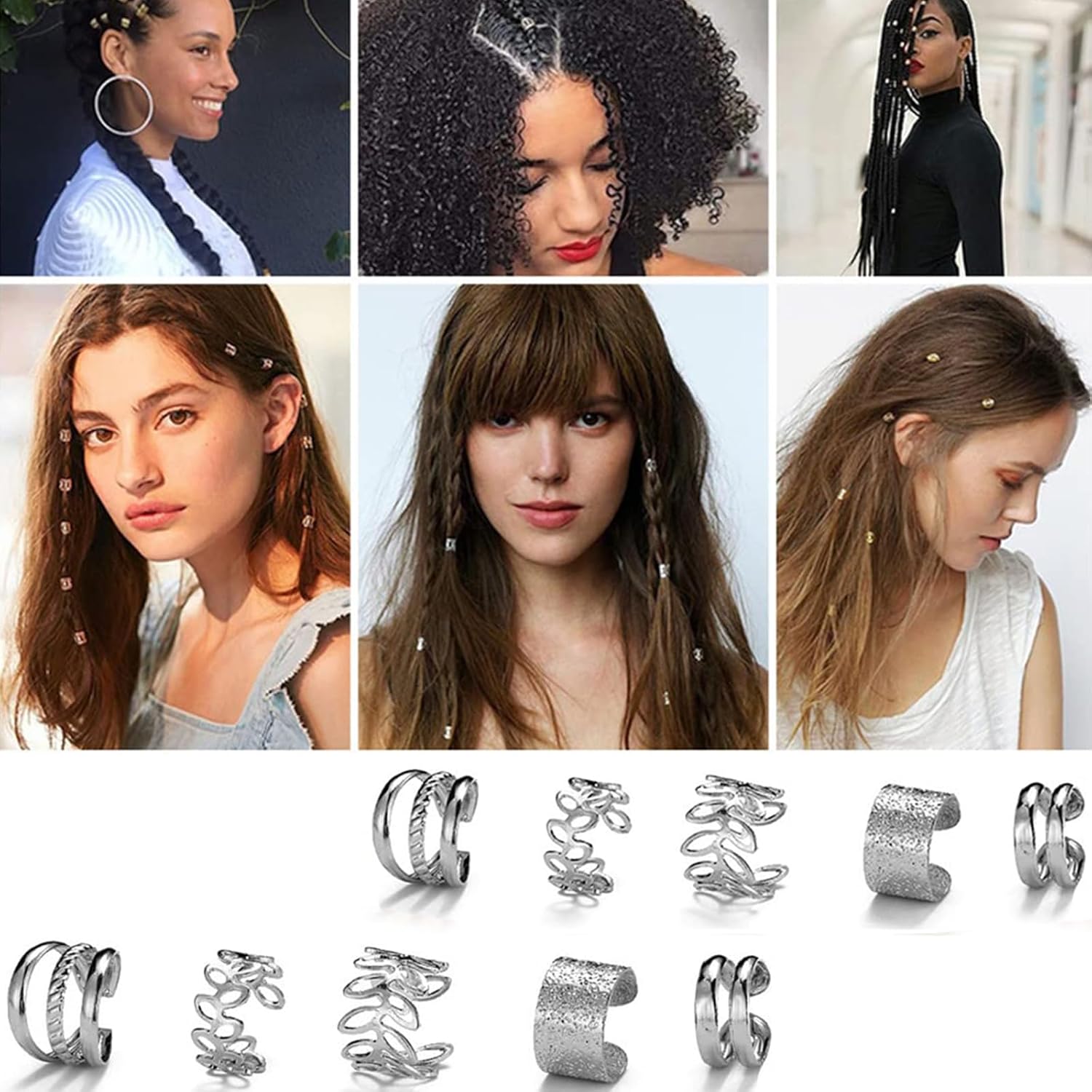 20 piezas de joyas de plata para el cabello para trenzas, diamantes de imitación de cristal, clips de trenza de metal, sin perforación, joyería para
