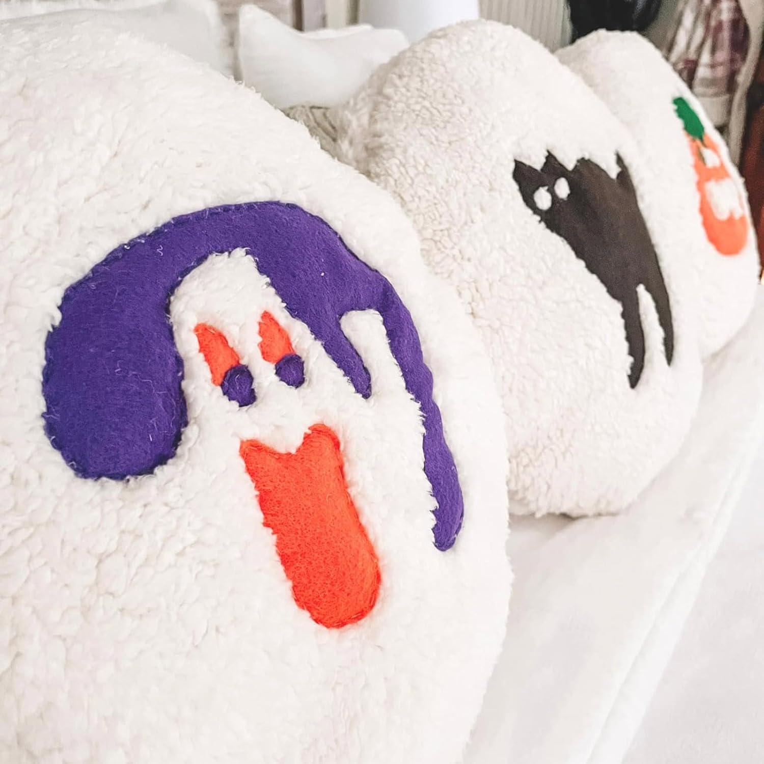 Almohada de galletas de Halloween, 1 unidad, almohada decorativa para sofá, cojín de peluche con forma de calabaza y gato, cojín de felpa peluda