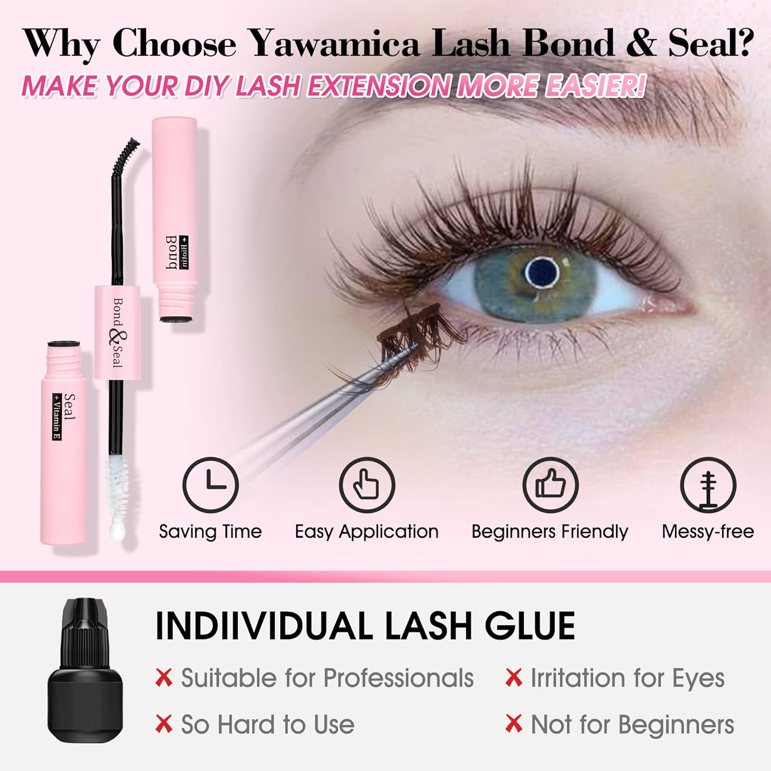 Yawamica – Pegamento de pestañas Bond and Seal para extensiones de pestañas, pegamento de pestañas en racimo para extensiones de pestañas de larga