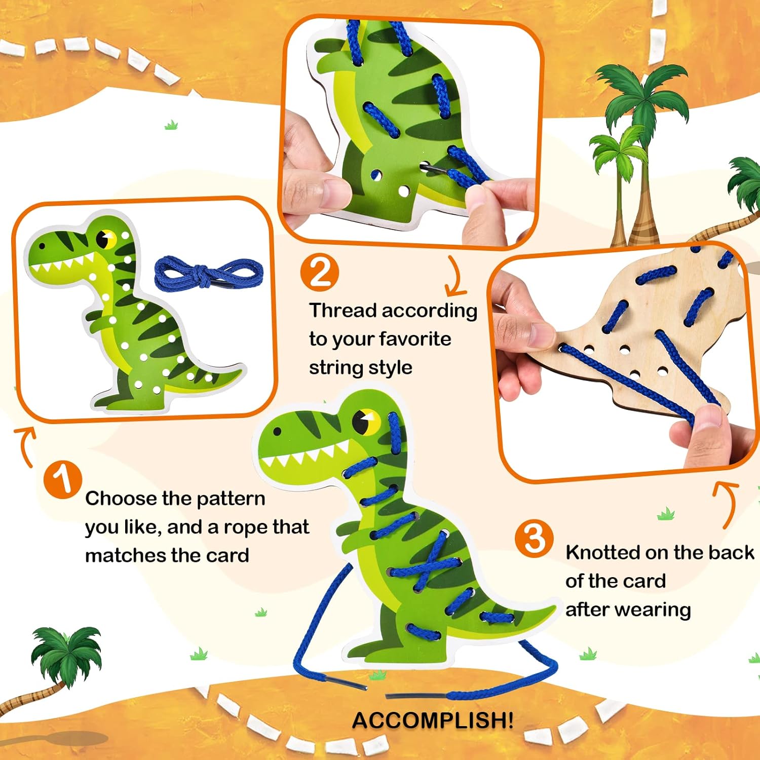 Atoylink Paquete de 5 tarjetas de cordón de dinosaurio de madera para niños pequeños, juguetes de viaje, juegos preescolares, habilidades motoras