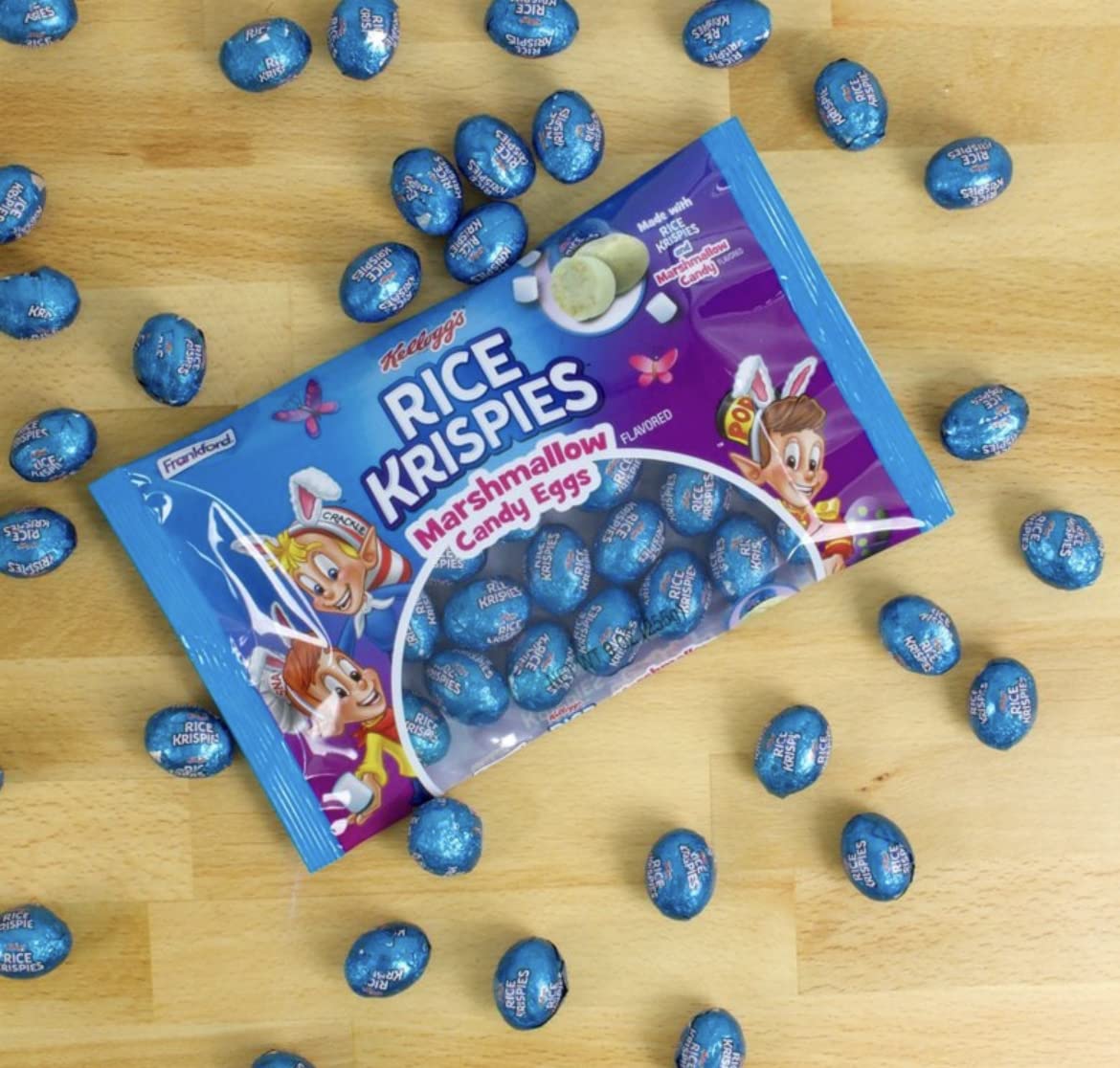 Kelloggs Rice Krispies, con sabor a malvavisco, envueltos indiviidualmente, huevos de chocolate con caramelo frustrados, canasta de Pascua, búsqueda