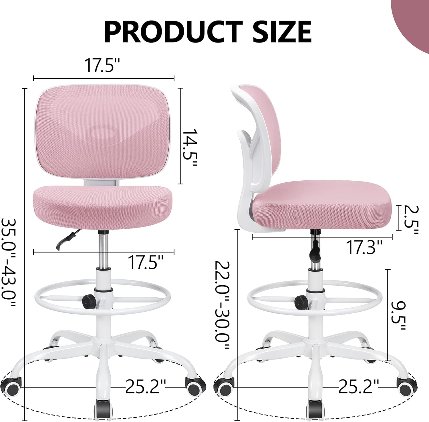Primy Silla de dibujo de oficina sin brazos, silla alta de escritorio de oficina de altura ajustable y reposapiés, silla ergonómica de escritorio de