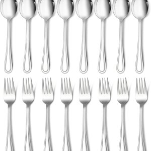 E-far – Juego de 16 cucharas y tenedores de acero inoxidable, 8 tenedores y 8 cucharas de cena, cubiertos de metal modernos para cocina y E-far – Juego de 16 cucharas y tenedores de acero inoxidable, 8 tenedores y 8 cucharas de cena, cubiertos de metal modernos para cocina y
