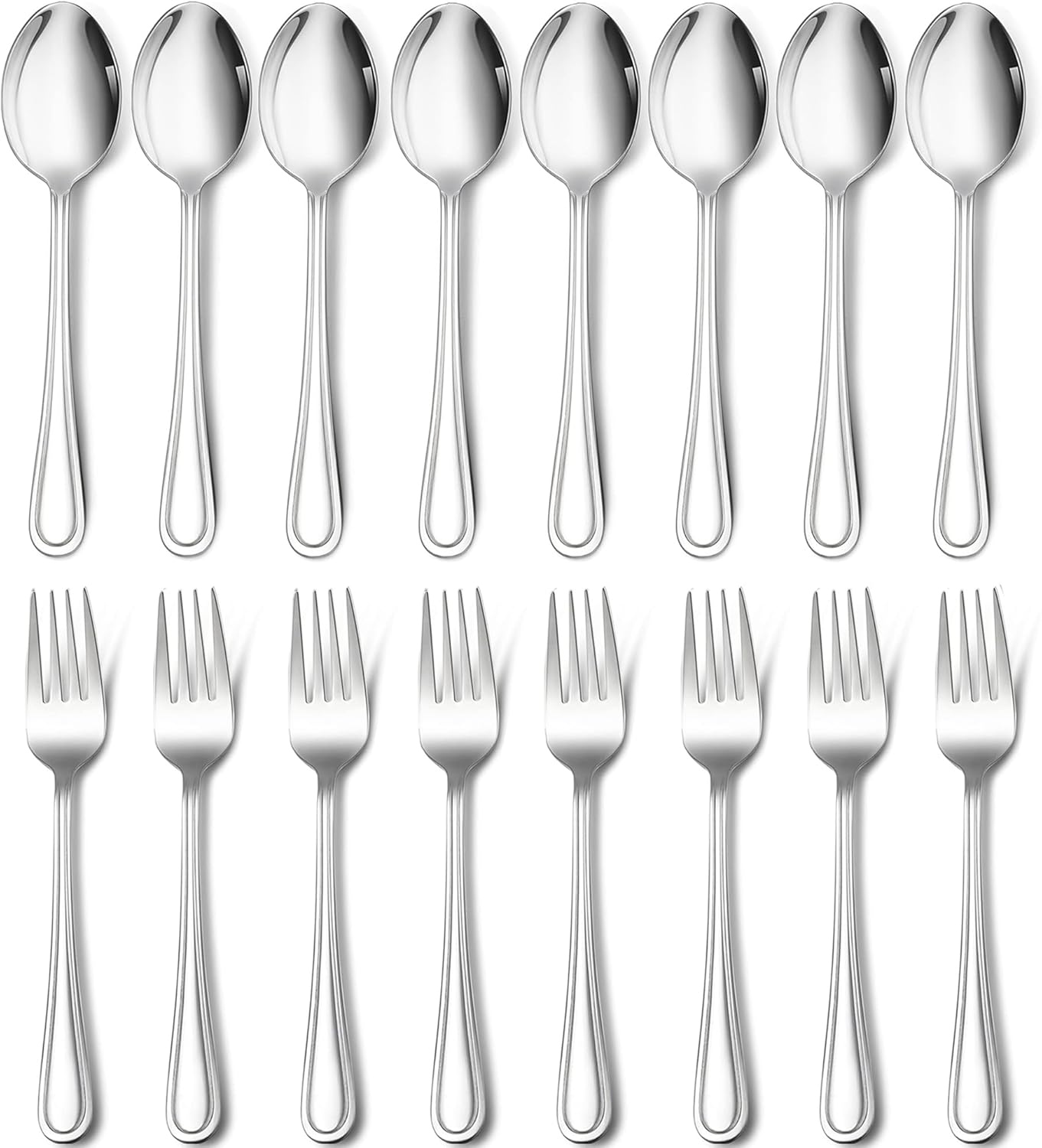 E-far – Juego de 16 cucharas y tenedores de acero inoxidable, 8 tenedores y 8 cucharas de cena, cubiertos de metal modernos para cocina y