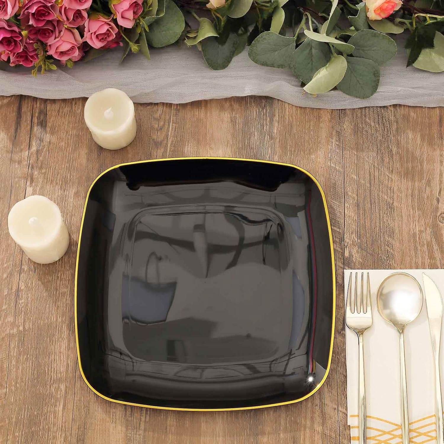 Efavormart – Paquete de 10 platos cuadrados de plástico para postre de 10 pulgadas, color negro con borde dorado, platos desechables para ensalada