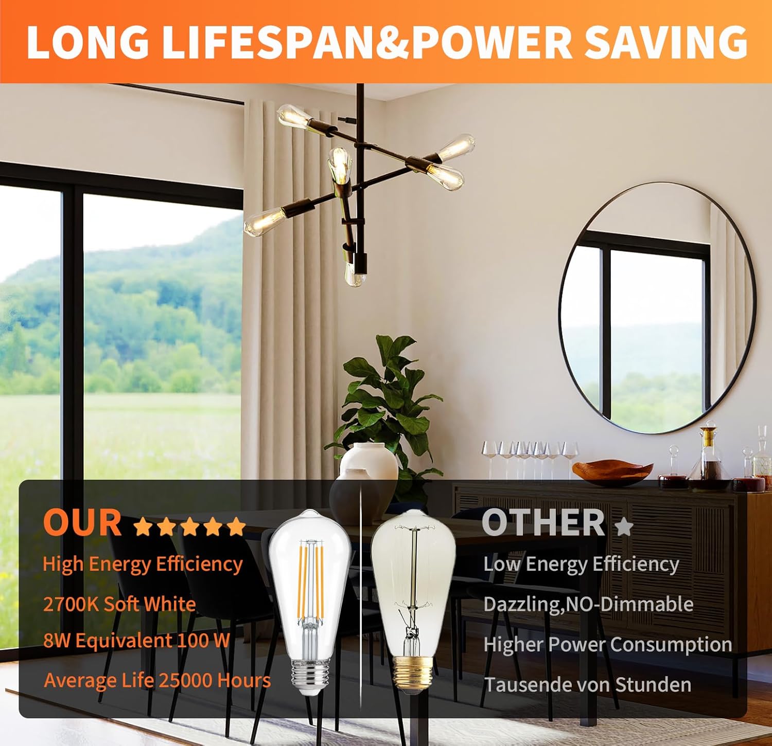 ALAMPEVER Paquete de 6 bombillas LED Edison vintage regulables ST19ST58, bombillas LED decorativas, 8 W (equivalente a 100 W), 2700 K blanco suave,