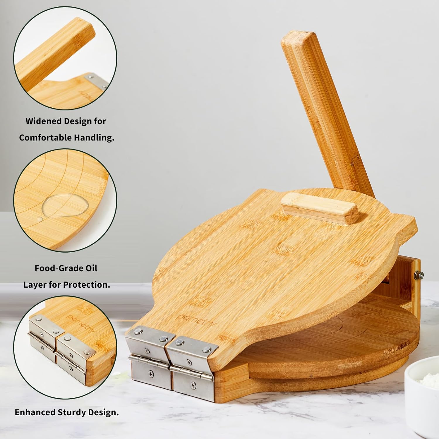 Máquina de prensa de tortillas de bambú, 10 pulgadas de diámetro, perfecta para tortillas mexicanas caseras con 50 papel pergamino incluido..