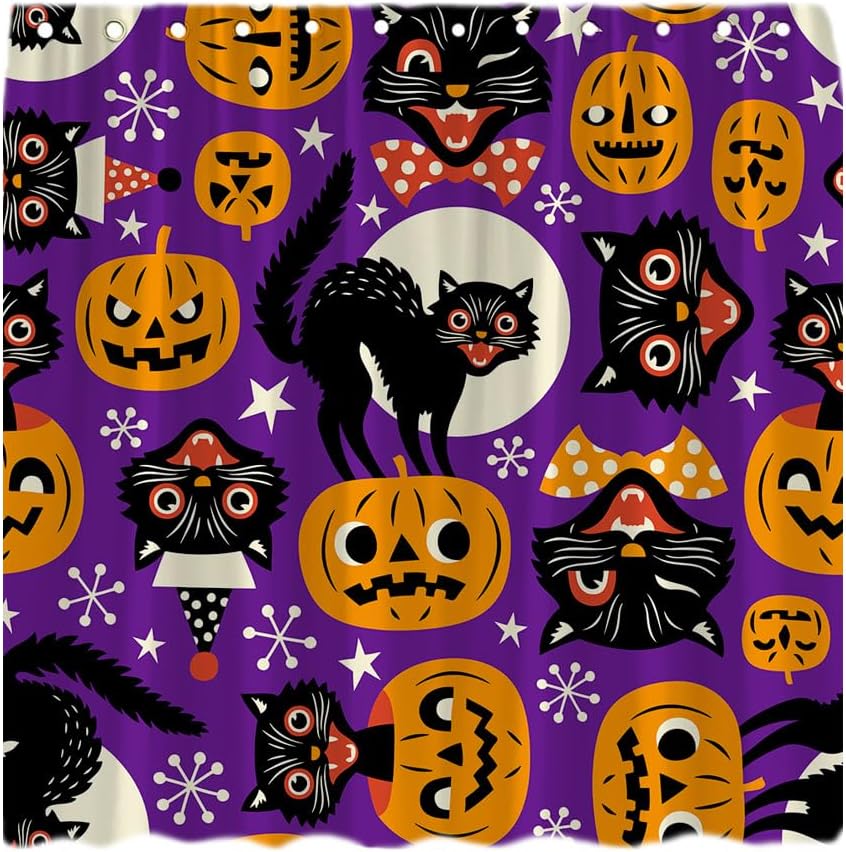 Cortina de ducha de Halloween, espeluznante gato negro, terror, calabaza naranja, bruja aterradora, gatos de luna llena, divertida cortina de baño