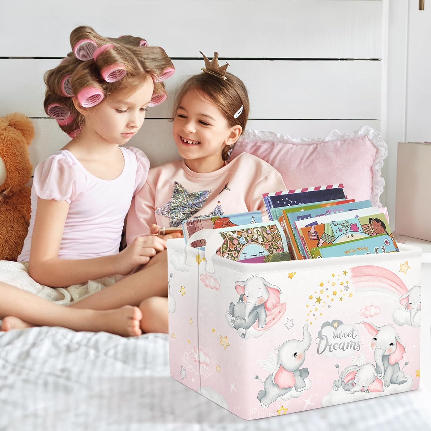 Clastyle Cesta de almacenamiento rectangular de elefantes durmientes, color rosa, arcoíris, para niñas, con nube, luna, baby shower, ropa para