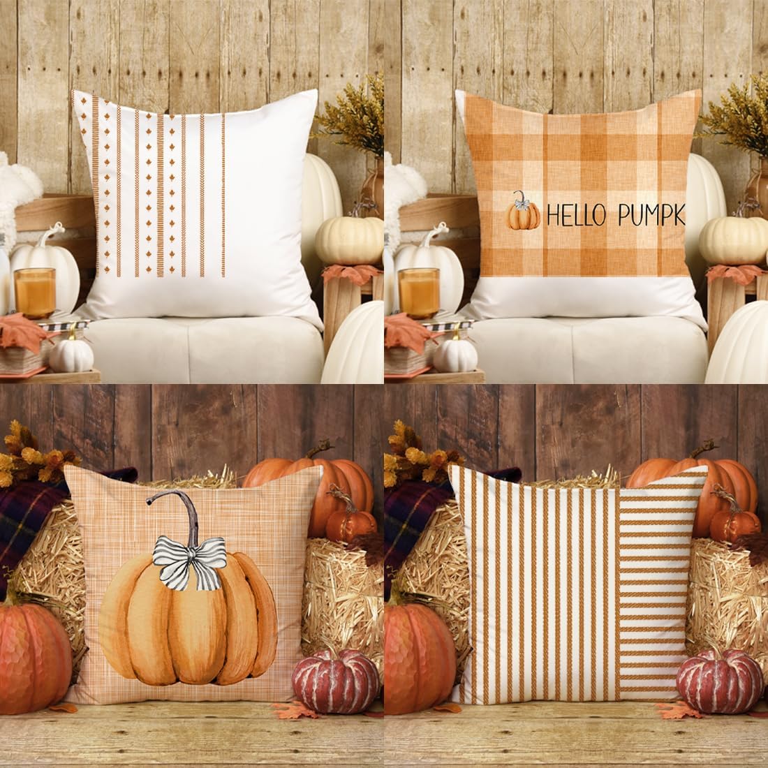 Juego de 4 fundas de almohada de granja a rayas naranjas de 16 x 16 pulgadas, juego de 4 almohadas decorativas de otoño y Acción de Gracias, fundas