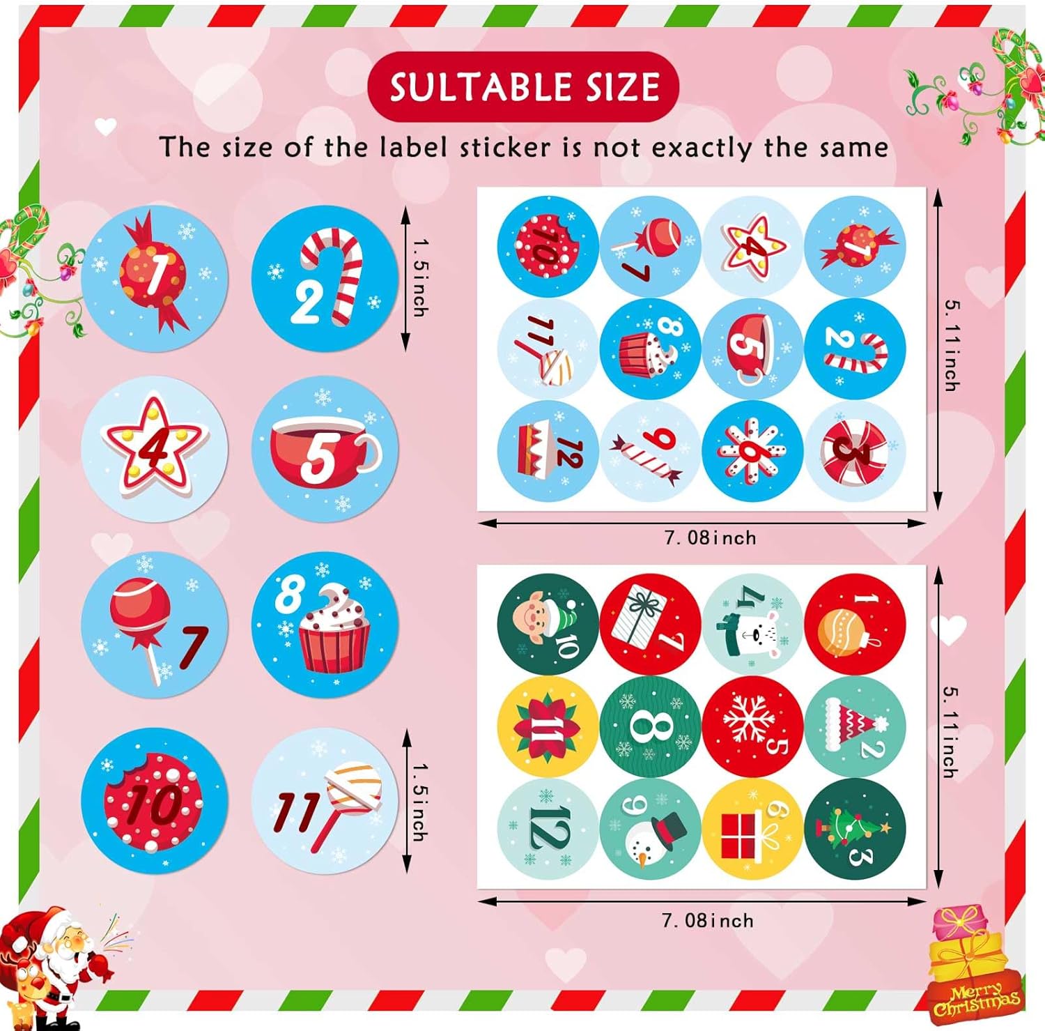 16 hojas de calcomanías de números del calendario de Adviento de Navidad, calcomanías de cuenta regresiva de 24 días, etiquetas de regalo de Navidad