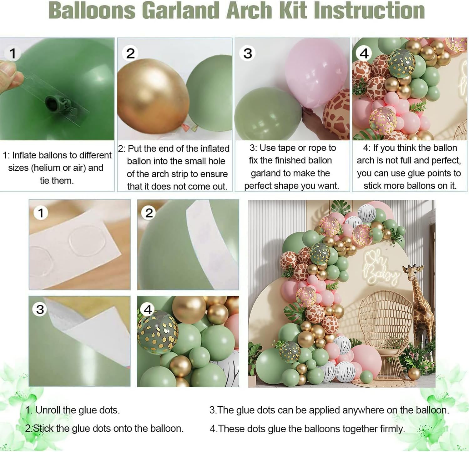 Kit de guirnalda de globos de safari en la selva, jirafa, cebra, estampado a rayas, verde salvia, rosa, globos y globos de confeti dorado metálico