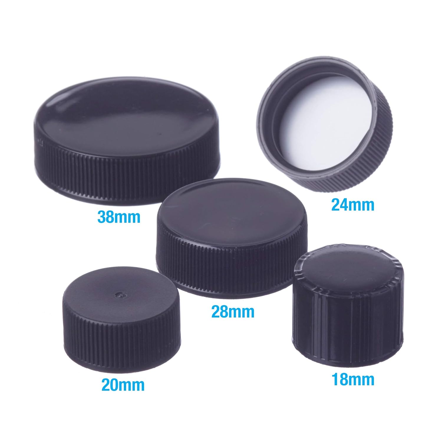 Consolidated Plastics 41084 Tapa negra con forro F217, polipropileno, 0.945 in, acabado 24-400, 12 piezas