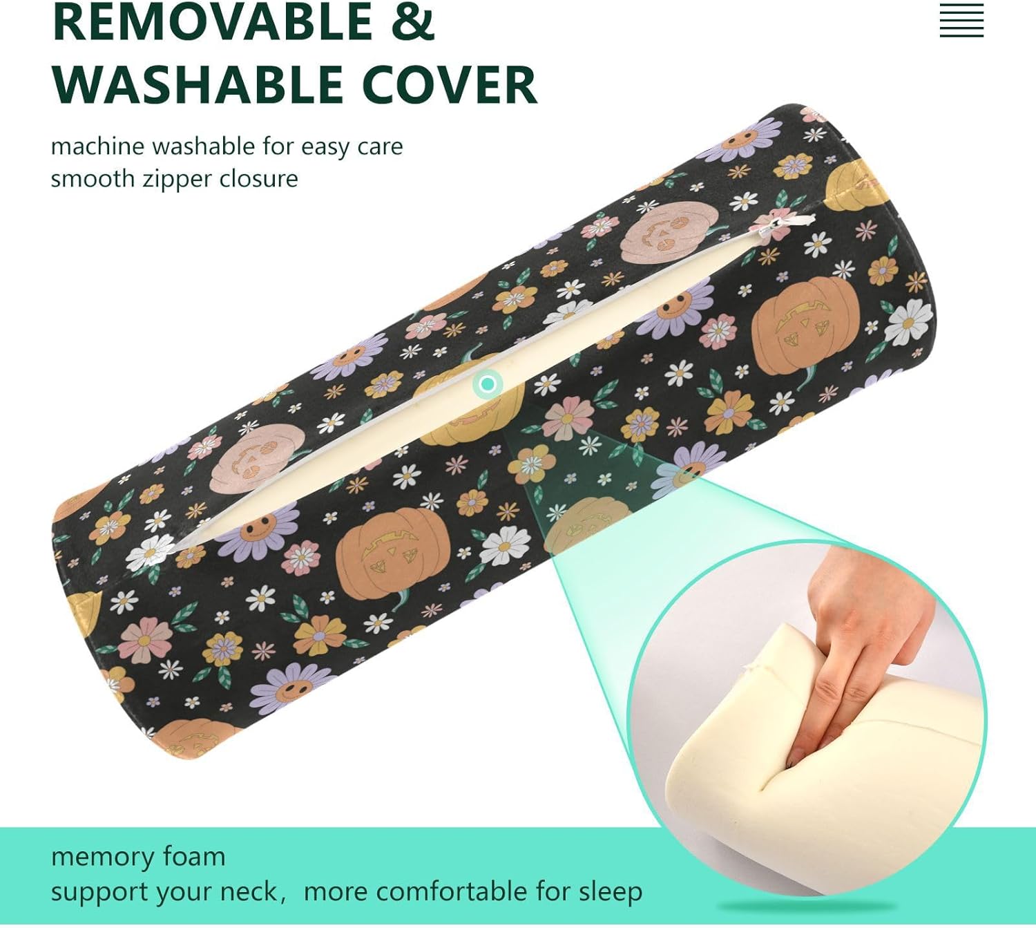 FRODOTGV Hippie Groovy Halloween Pumpkin Daisy Outdoor Bolster Pillow Neck Roll Pillow Round Pillow Kids Cylinder Pillow Cover Leg Support Pillow