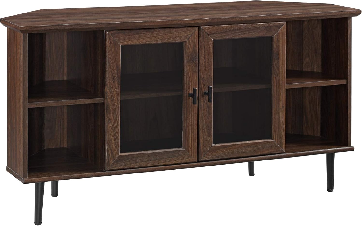 Walker Edison Moderno soporte universal de esquina de madera para TV con estantes abiertos, puertas de gabinete de vidrio, almacenamiento para