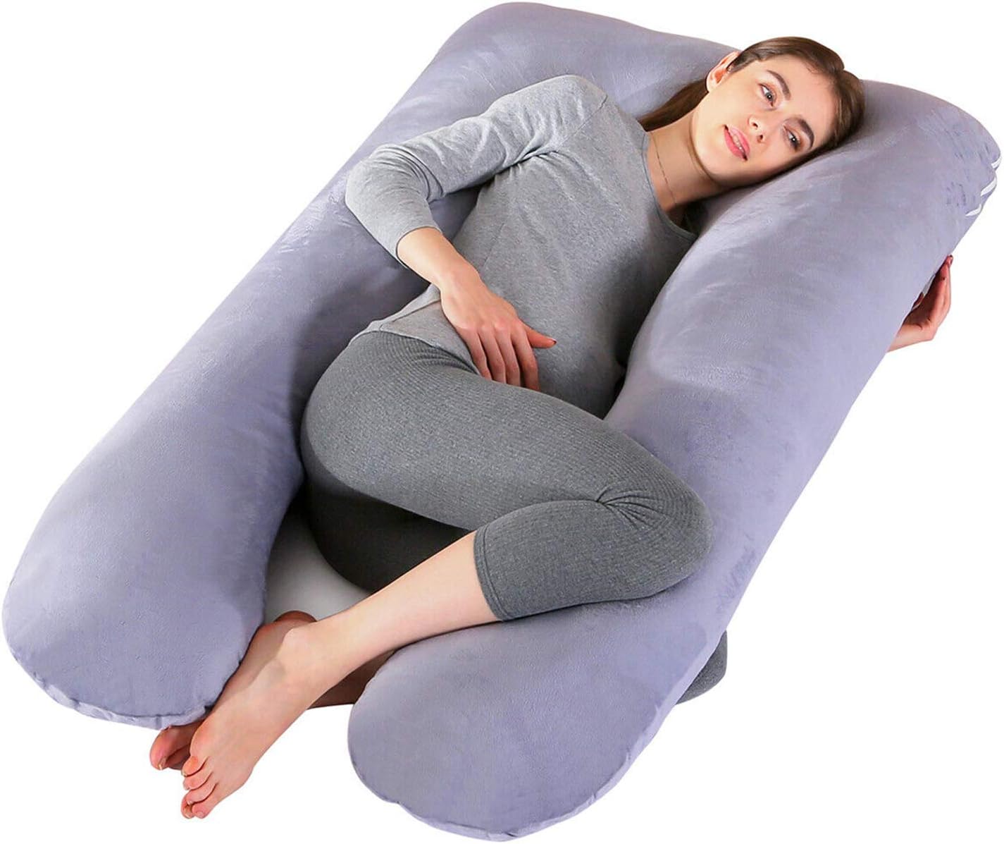 Almohada de embarazo de 51 pulgadas, almohada de cuerpo completo en forma de U de tamaño pequeño con funda de almohada de terciopelo lavable,