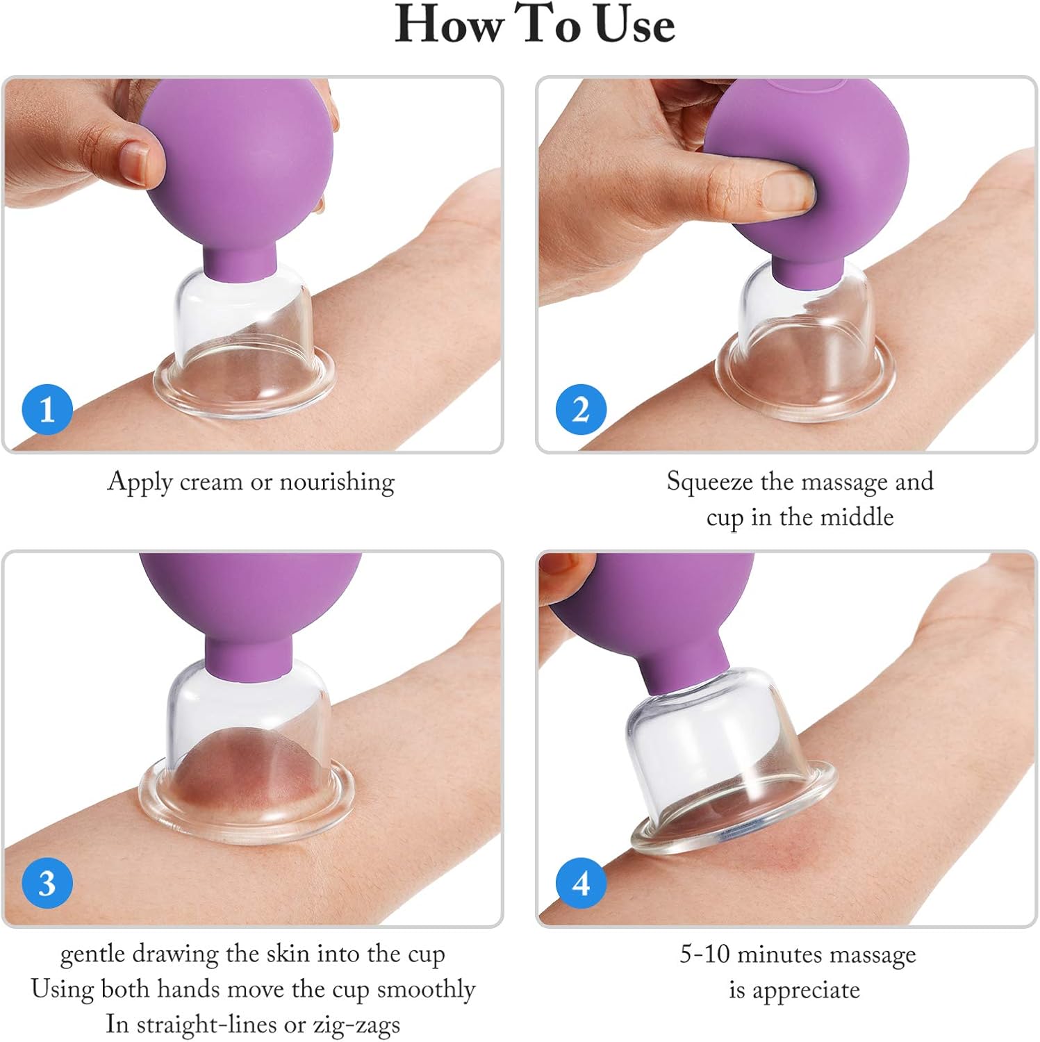 Juego de 4 ventosas de vidrio de silicona de vidrio, tazas de ventosas de succión al vacío para masaje, cara, piernas, brazo, espalda y hombros