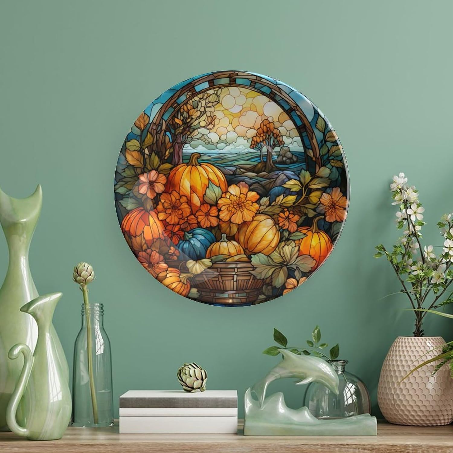 Plato de cosecha de otoño de calabaza para decoración de pared de oficina en casa, plato decorativo con soporte de exhibición, adorno de cerámica,