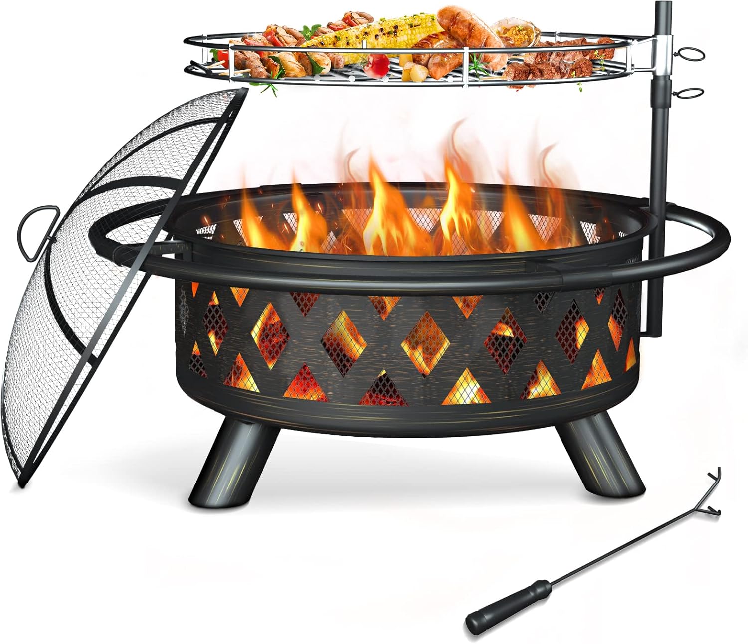 Amopatio Fogata de 36 pulgadas con parrilla, hoguera grande 2 en 1 para exteriores, fogata de leña con rejilla de cocción para patio trasero,
