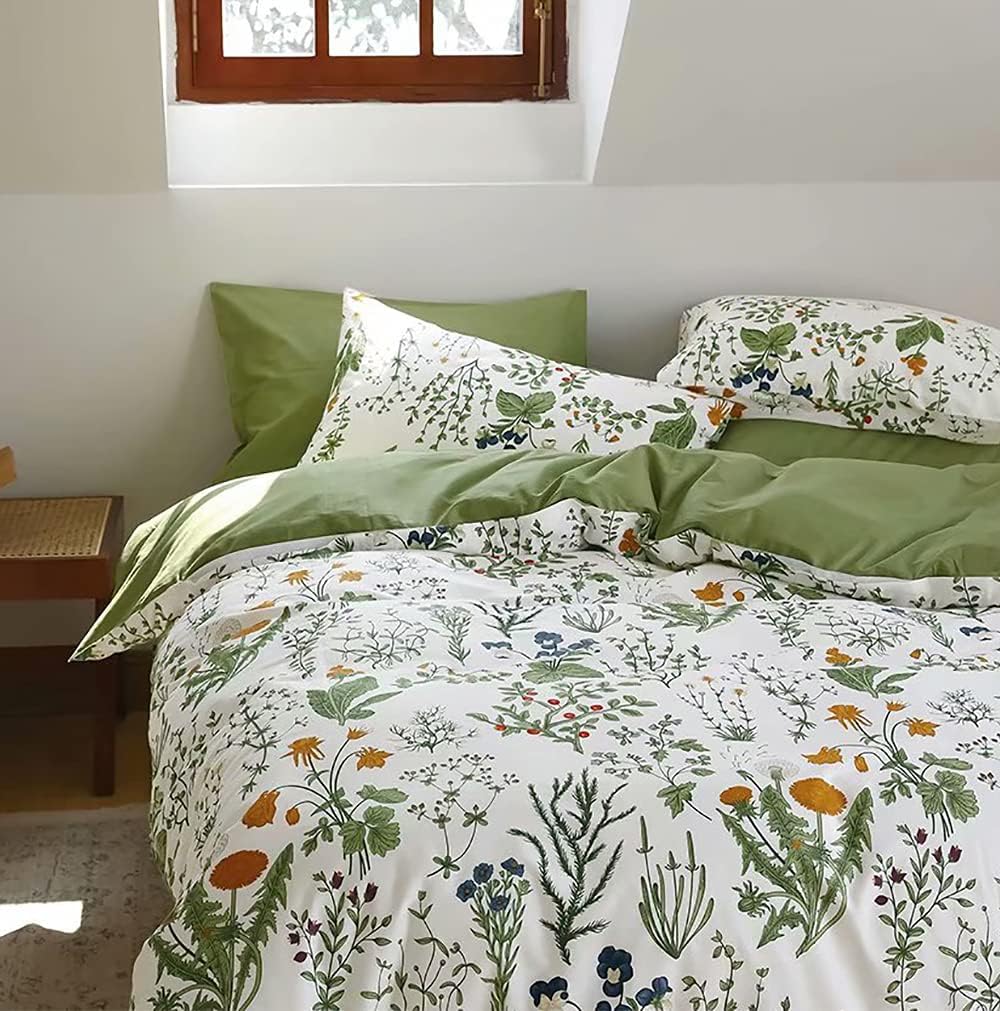 Juego de edredón botánico tamaño Queen, color blanco y verde salvia, juego de ropa de cama floral con patrón de jardín impreso en blanco, manta