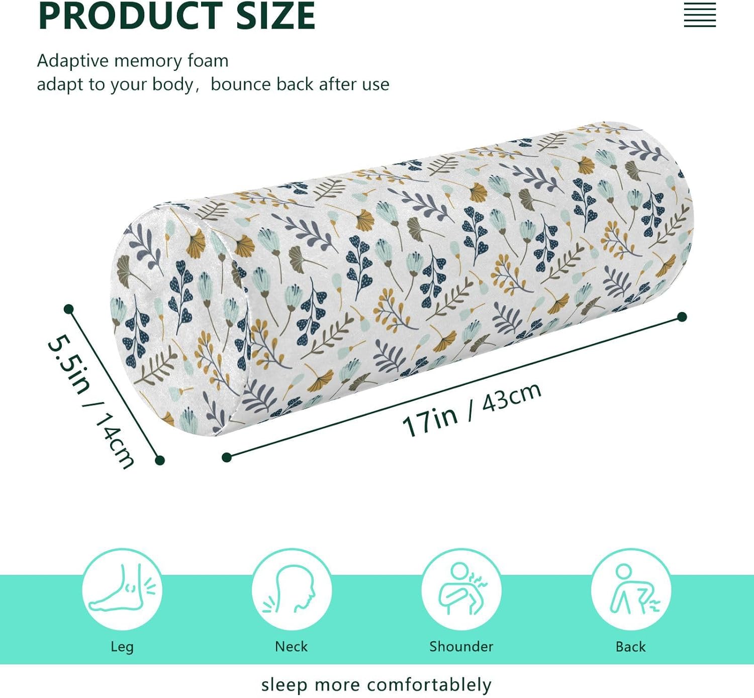Modern Leaves Flowers Floral Bolster Pillows for Bed Neck Roll Pillow Protector Round Pillow Inserts Round Cushion Pillow Lower Back Support