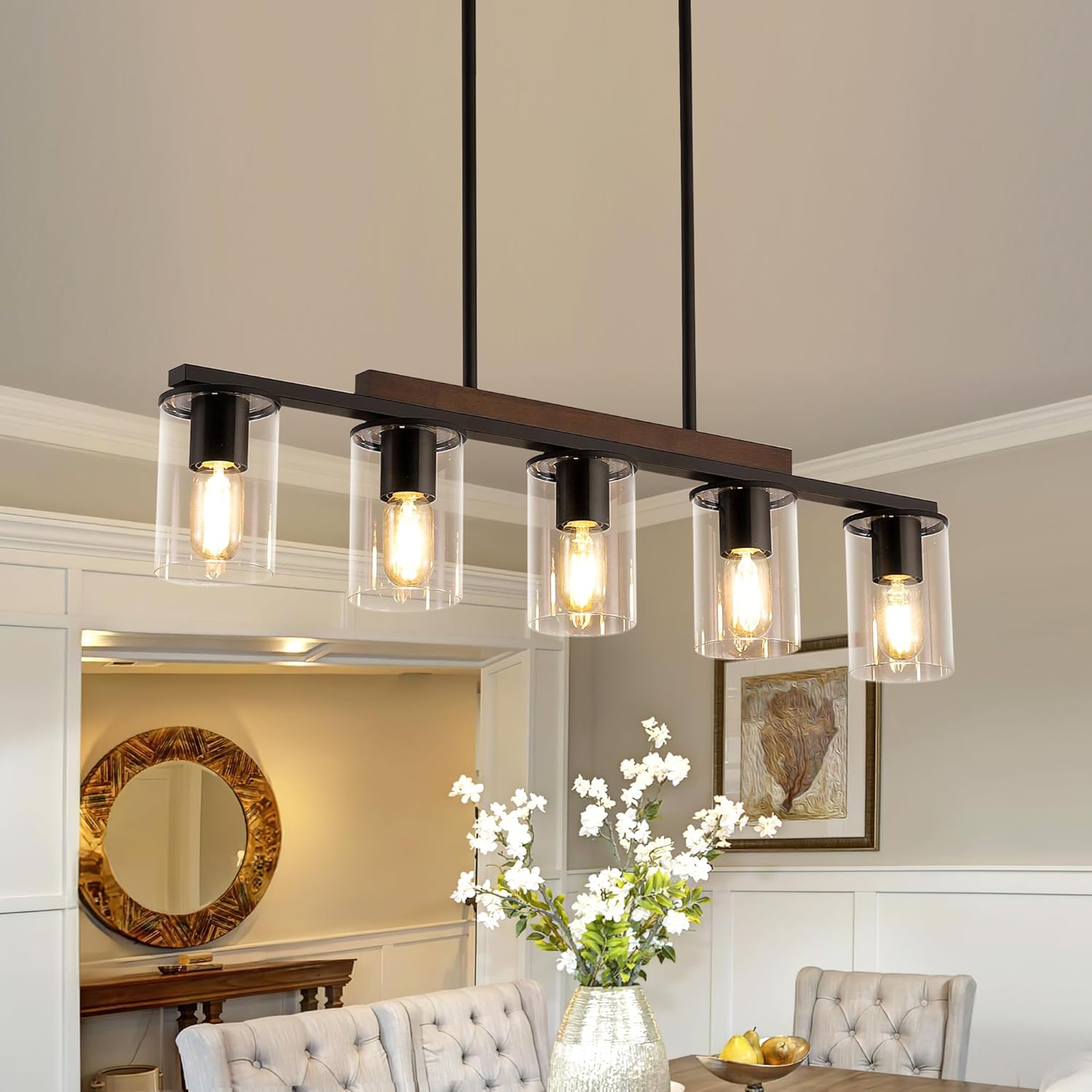 Iluminación de isla de cocina, 5 luces, lámpara colgante de araña lineal sobre mesa de comedor, sala de estar con varillas ajustables, negro y madera