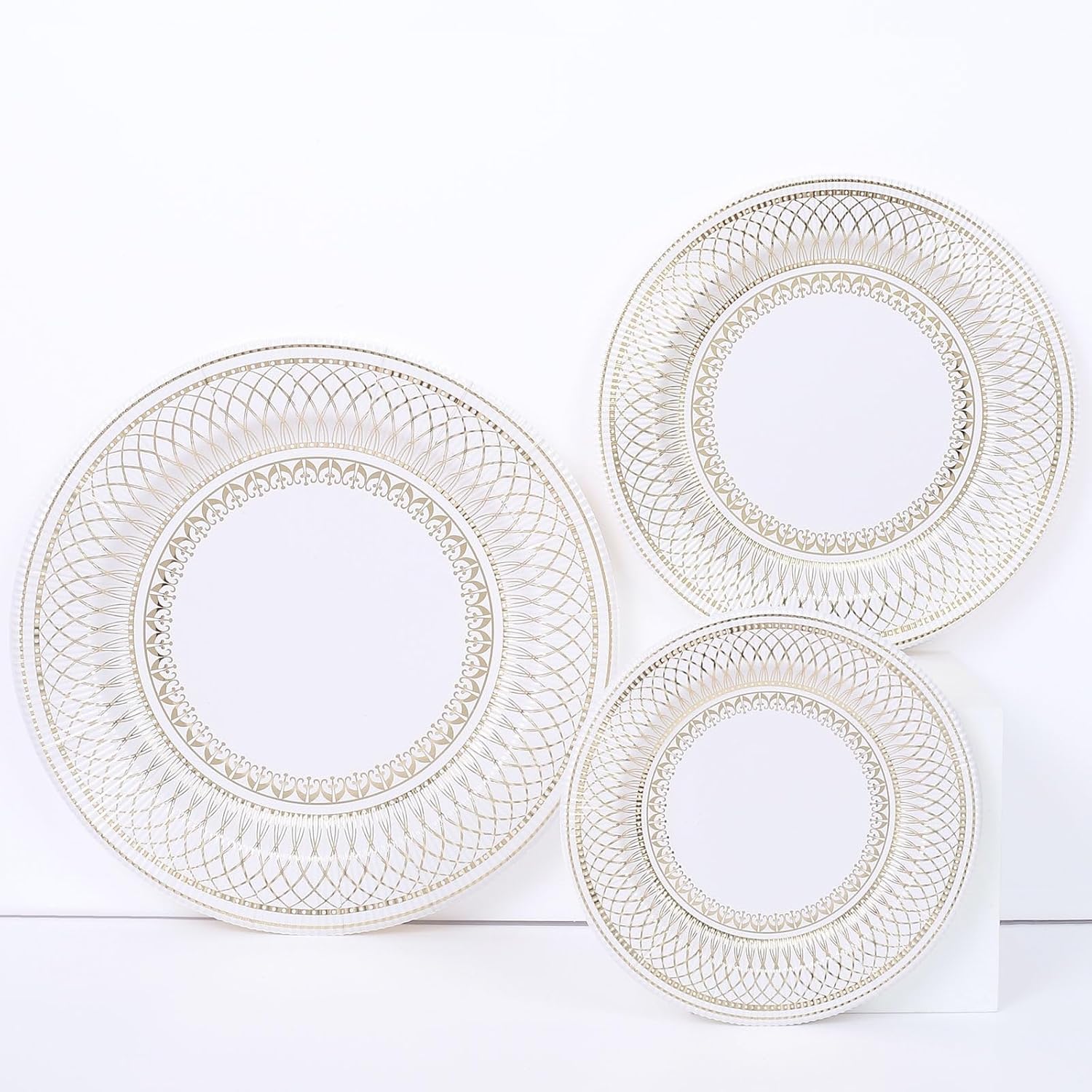 Efavormart – Paquete de 25 platos de papel de postre estilo vintage de porcelana dorada y blanca de 8 pulgadas, platos de fiesta desechables