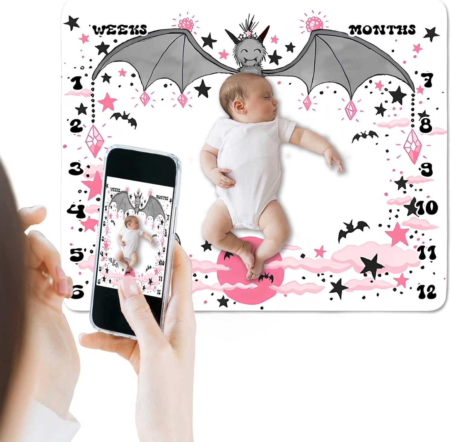 SSCSTS BTDWSS177 – Manta de hitos de murciélago para niño o niña, fondo de fotografía de nube de luna rosa, tabla de crecimiento de edad mensual con