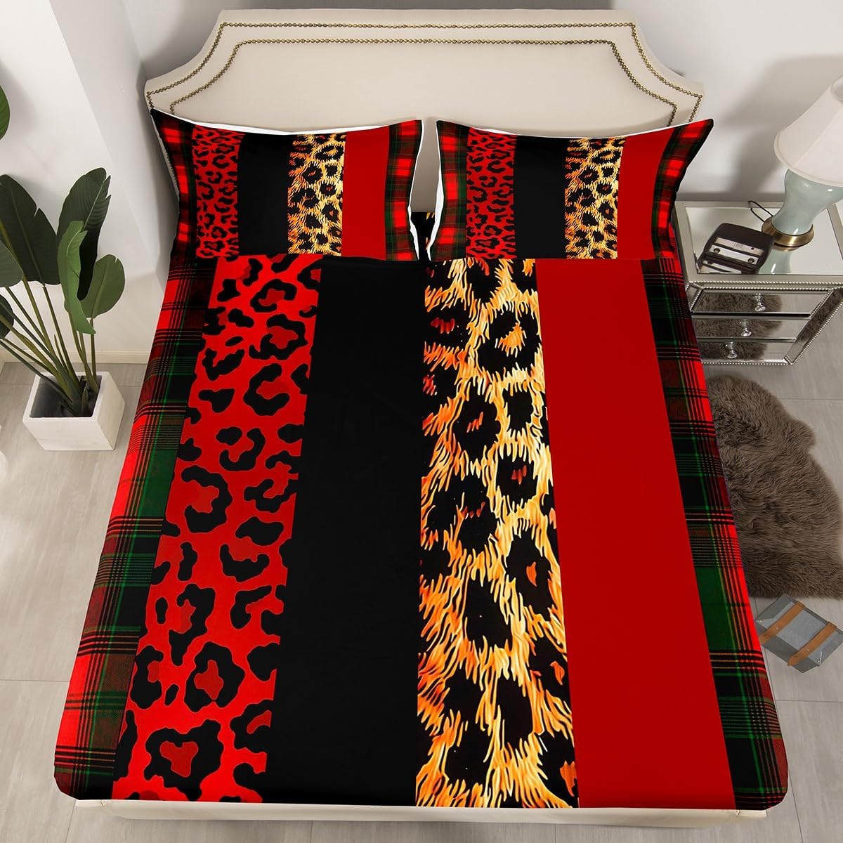 Manfei Sábana bajera ajustable con estampado de leopardo, tamaño individual, juego de ropa de cama a cuadros rojos y negros, 2 piezas para