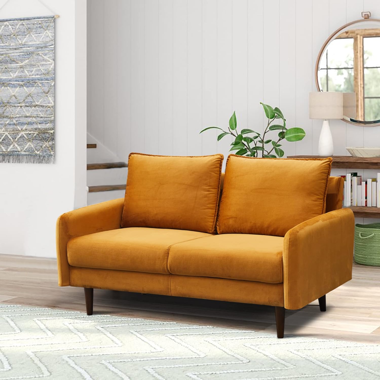 Sofá moderno de terciopelo con patas de madera para sala de estar, oficina, dormitorio, color jengibre
