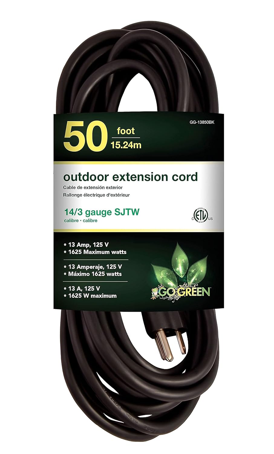 GoGreen Power (GG-13850BK) – Cable de extensión SJTW para exteriores, 143, 50 pies, color negro, 50 pies