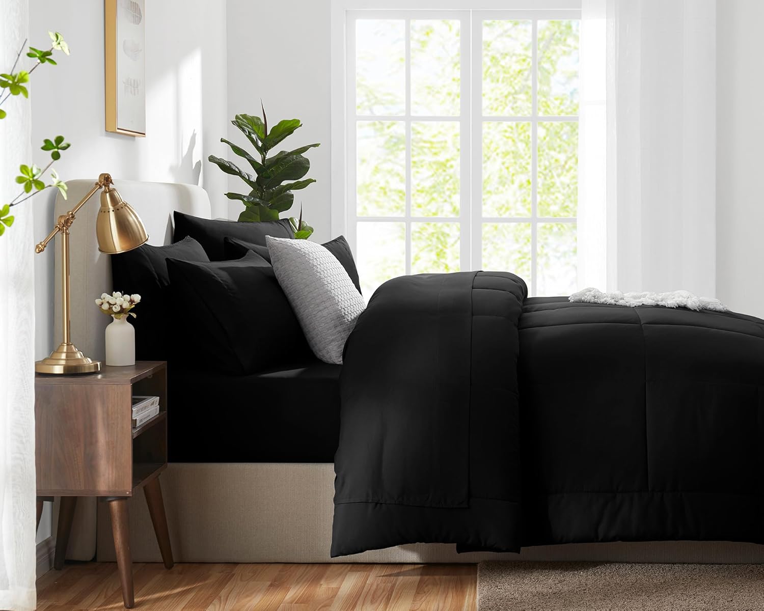 CozyLux Juego de edredón tamaño King de 7 piezas, edredón negro en una bolsa, juego de ropa de cama King con edredón acolchado para todas las