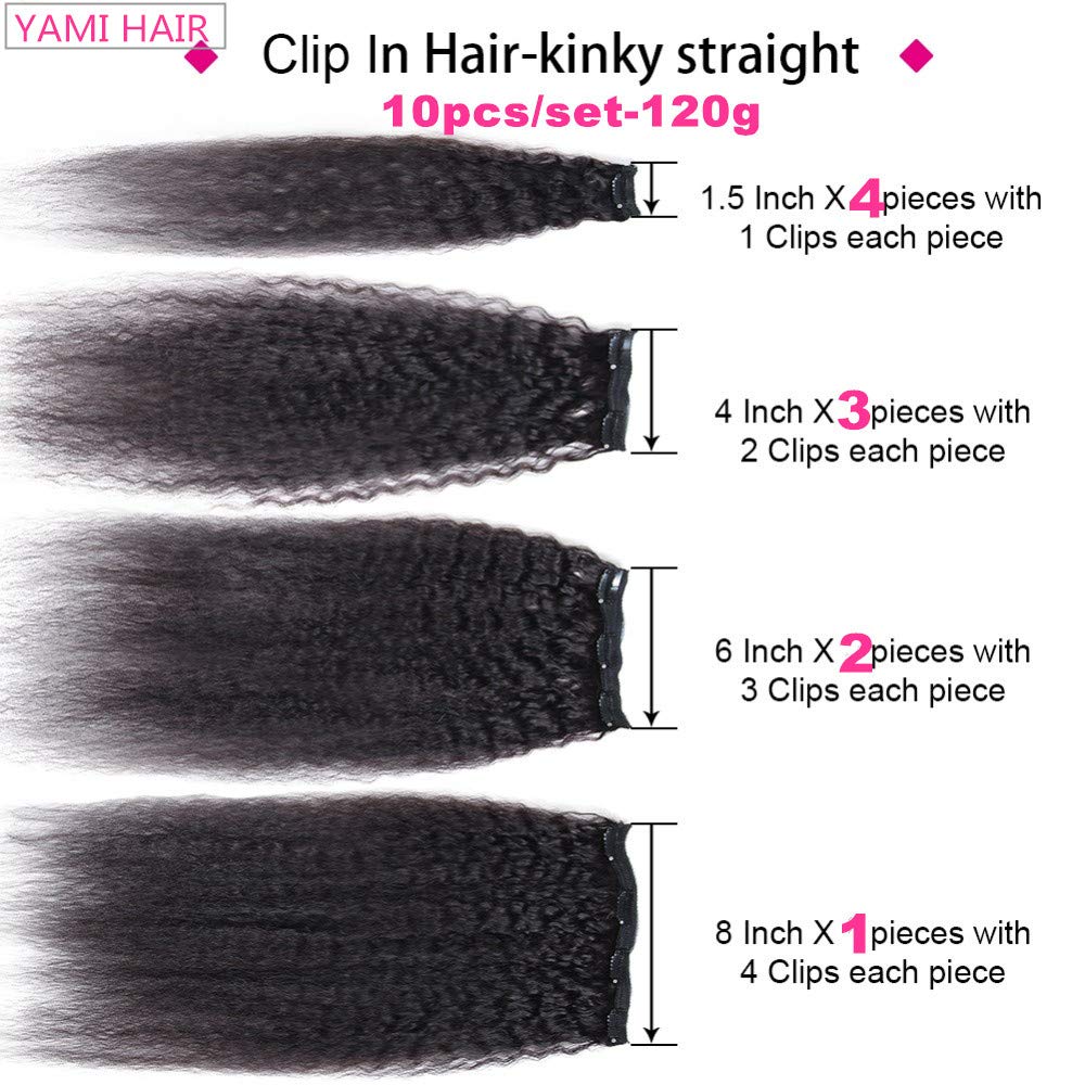 YAMI Extensiones de cabello humano rizado liso con clip, para mujeres negras, 10 unidades, extensiones de cabello humano virgen brasileño con clip,