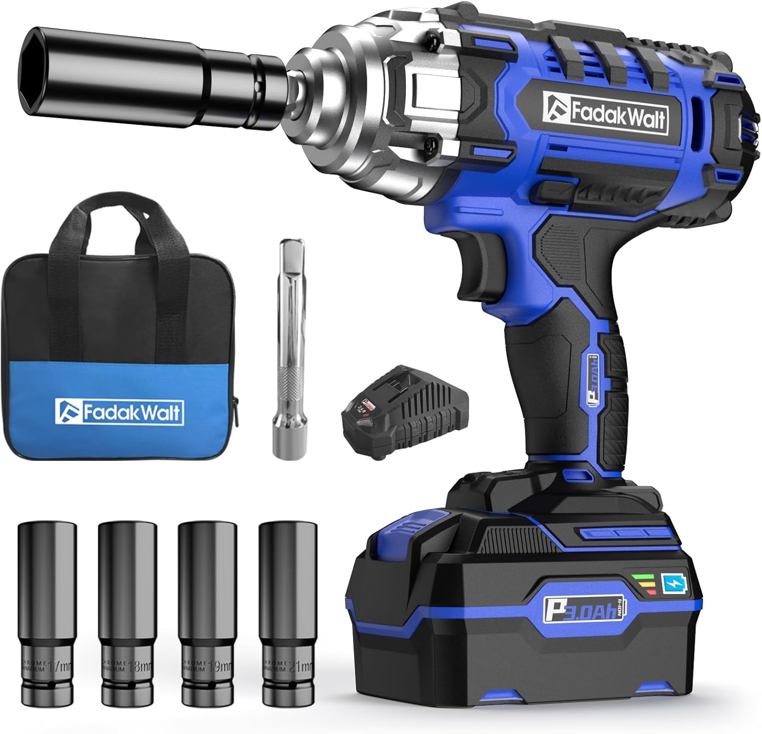 FADAKWALT Llave de impacto inalámbrica de 20 V con un potente motor, destornillador cuadrado de 12 pulgada, par ajustable (100-400 N.m), motor de