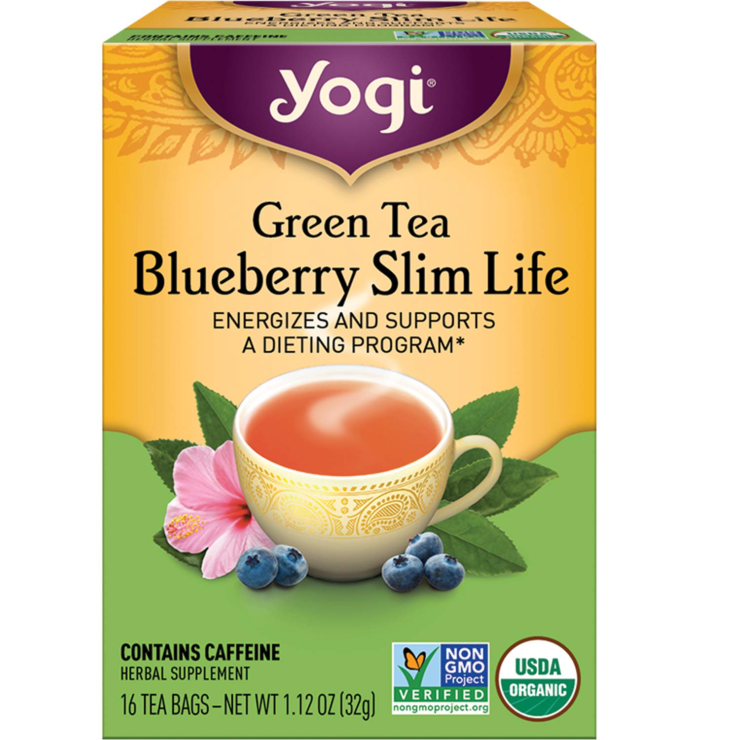 Yogi Tea Green Tea Blueberry Slim Life Tea  16 bolsas de té por paquete (4 paquetes)  Té orgánico para apoyar la resistencia y la energía  Incluye