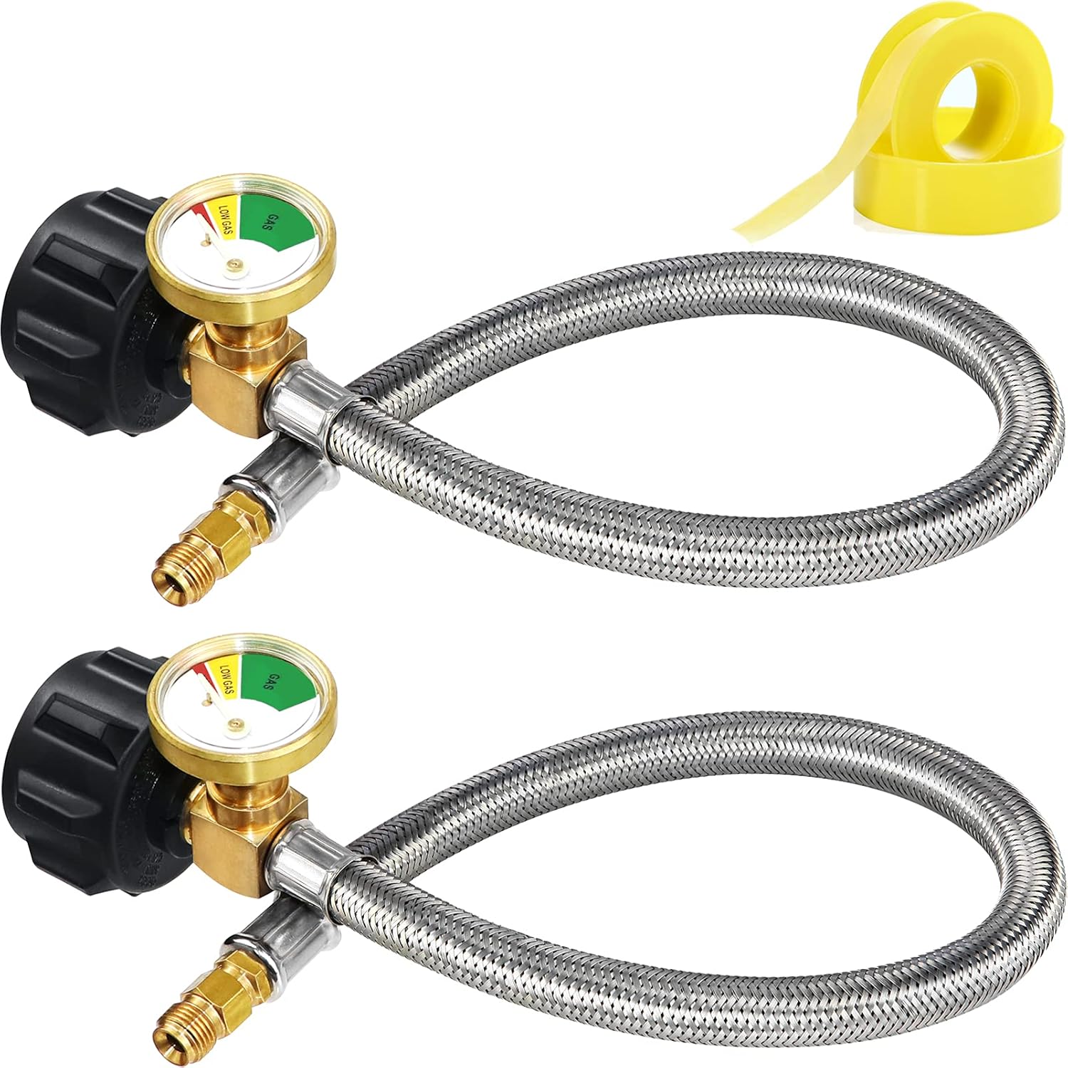 Manguera de propano invertida de 14 pulgadas con calibre, conector de tanque de propano trenzado de acero inoxidable de 15 pulgadas para regulador
