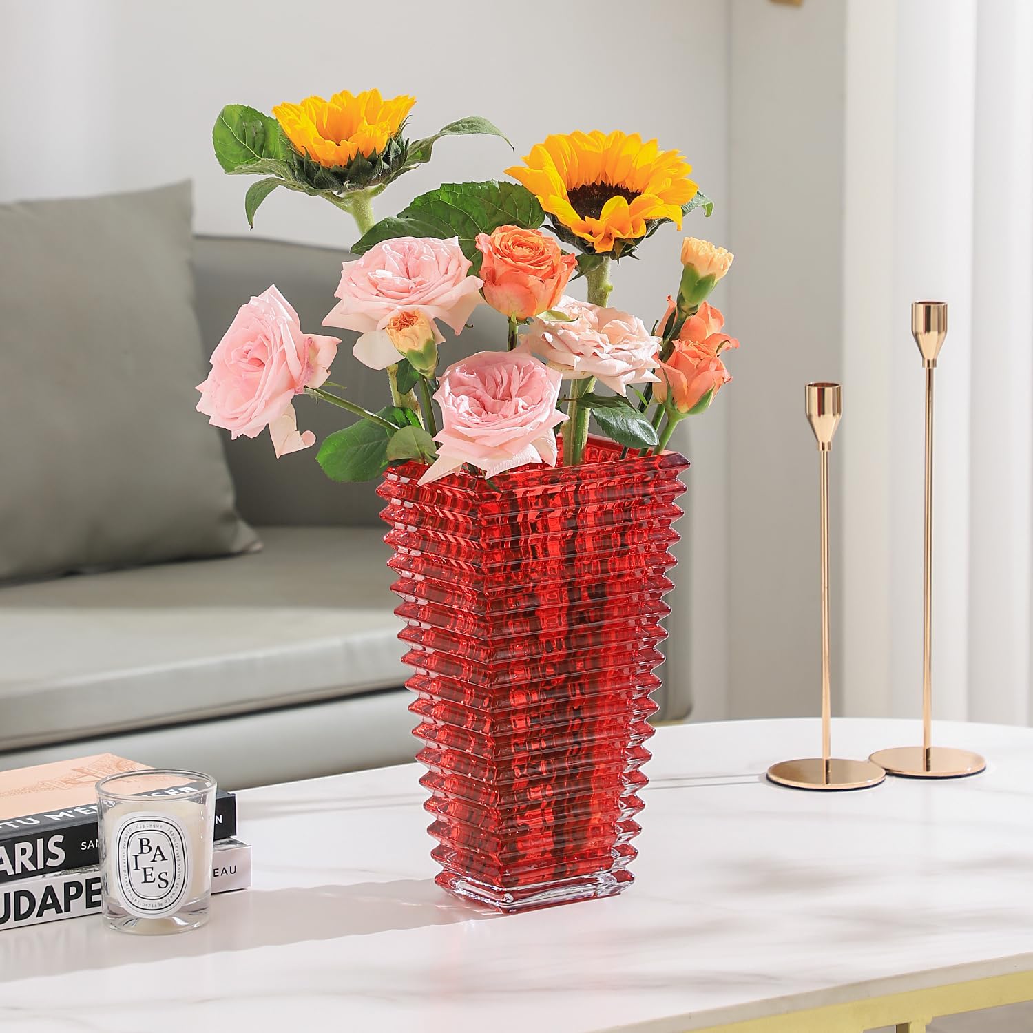 MCMCNCUIU Jarrón de cristal, jarrón de vidrio rojo, jarrón de vidrio resistente, jarrones para centros de mesa, florero grande, jarrón de vidrio