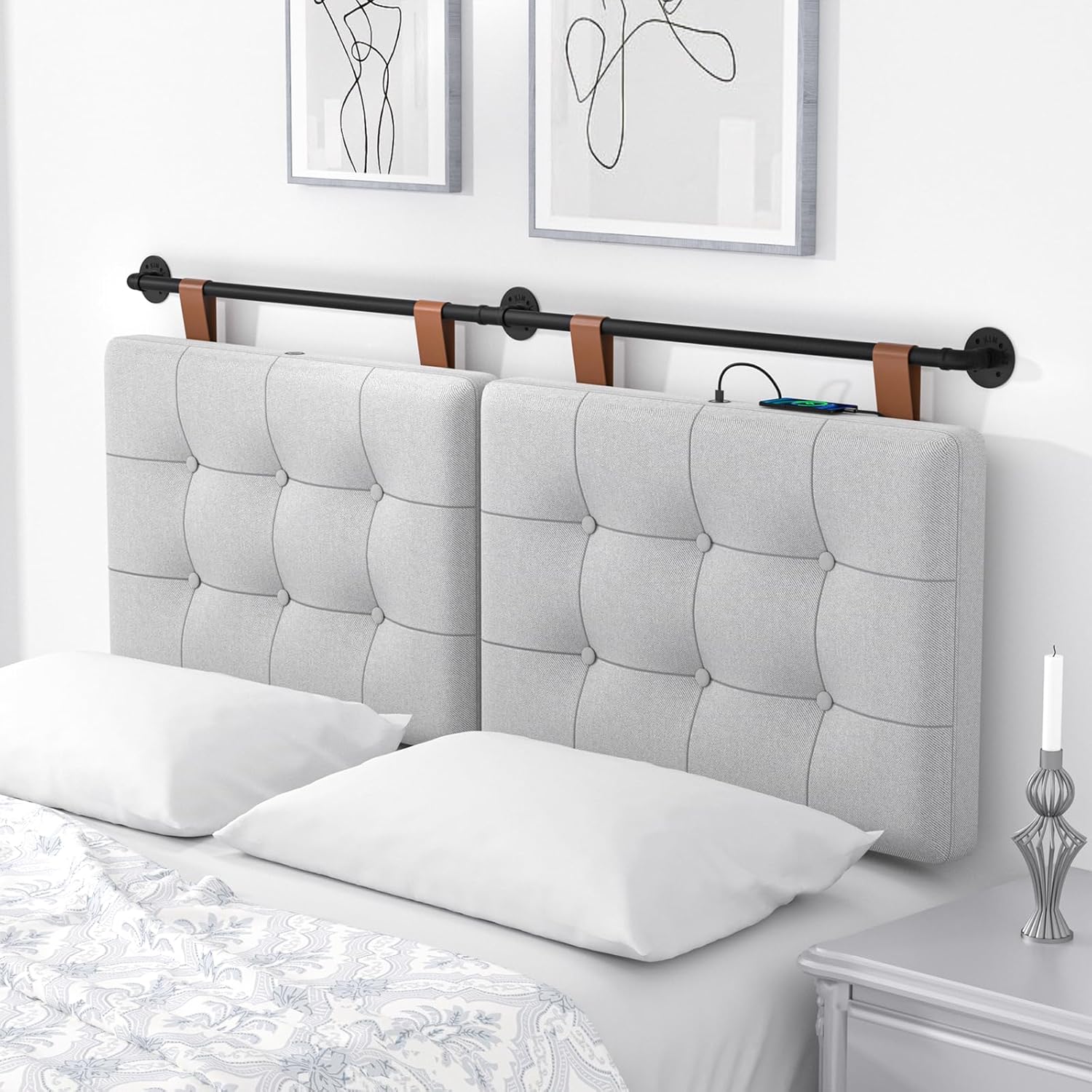 Cabecera Queen para cama con tapicería de lino y cabecera tapizada con botones, puerto de carga USB, altura ajustable, cabecera colgante para