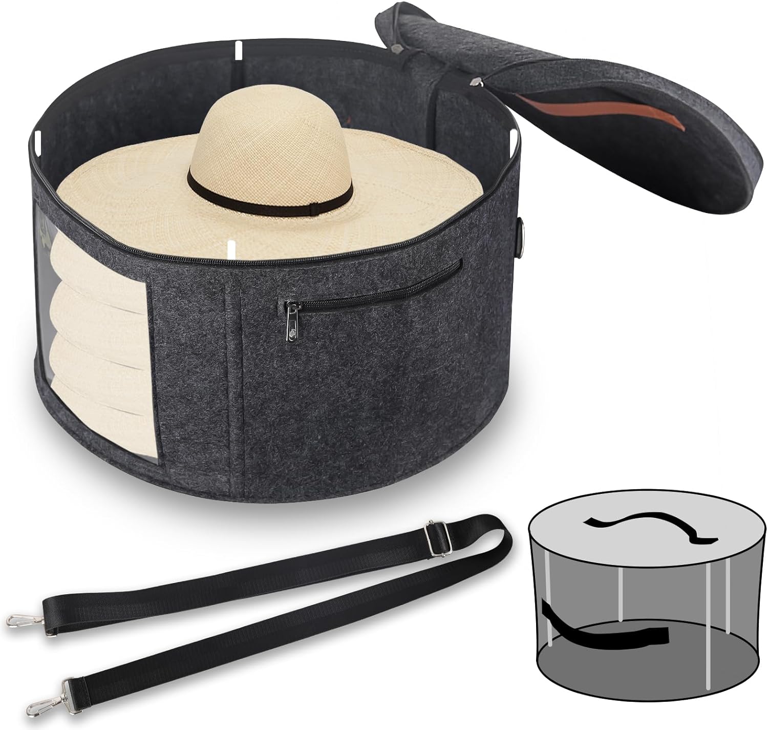Caja para sombreros con 4 varillas estabilizadoras para mayor apoyo, organizador de sombreros redondos con tapa, ideal para viajes, almacenamiento