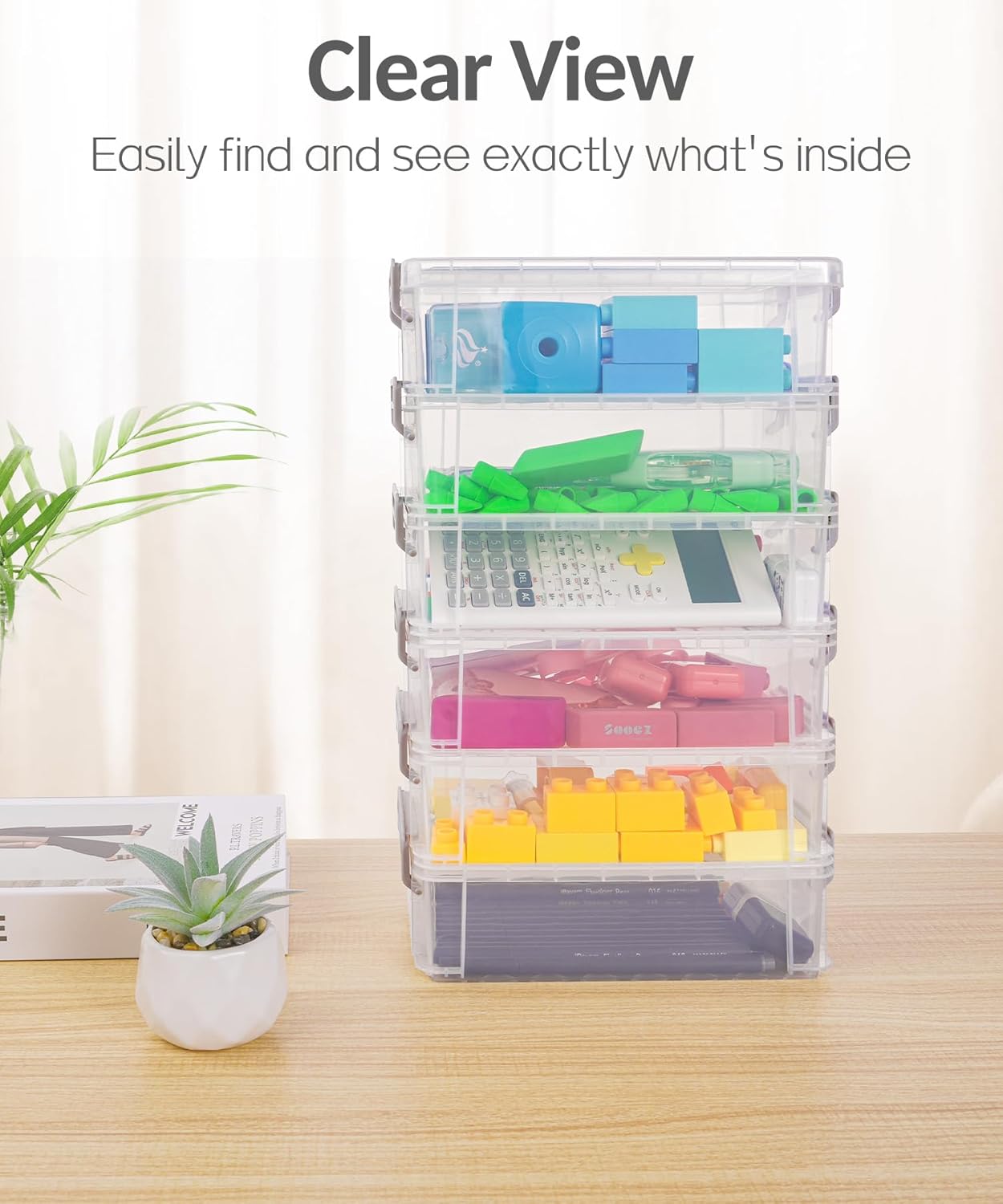 Sooez Paquete de 6 cajas de lápices extra grandes, estuche de plástico para lápices a granel, organizador de marcadores transparentes con tapa,