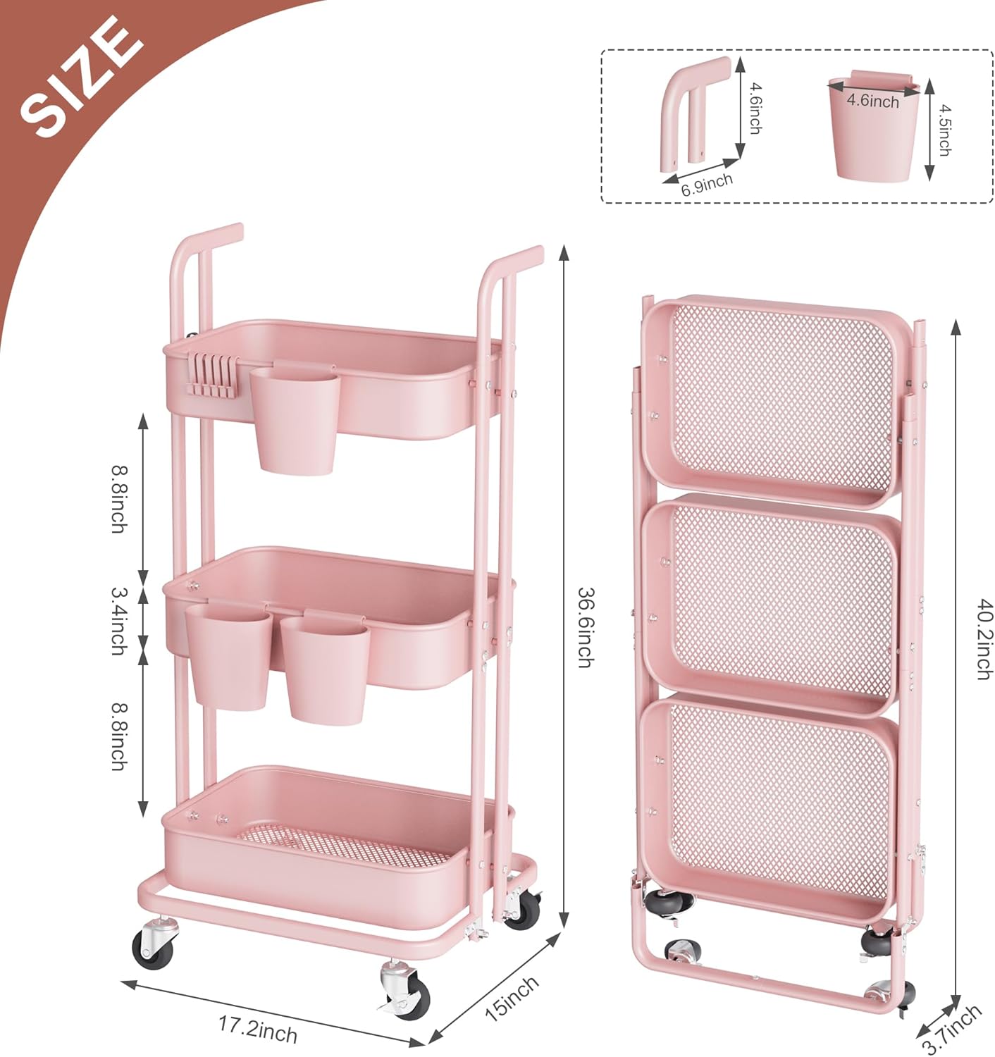 DTK Carrito plegable de 3 niveles, carrito utilitario de metal con ruedas bloqueables, carrito de almacenamiento plegable para sala de estar,
